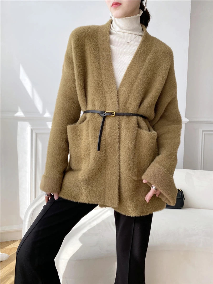 Luxury Big Size Camel Cashmere Knit Cardigan for Women - Loose Fit V-Neck Long Sleeve Sweater | Soft & Warm Winter Fashion 2025 | Perfect for Office, Travel & Casual Outfits