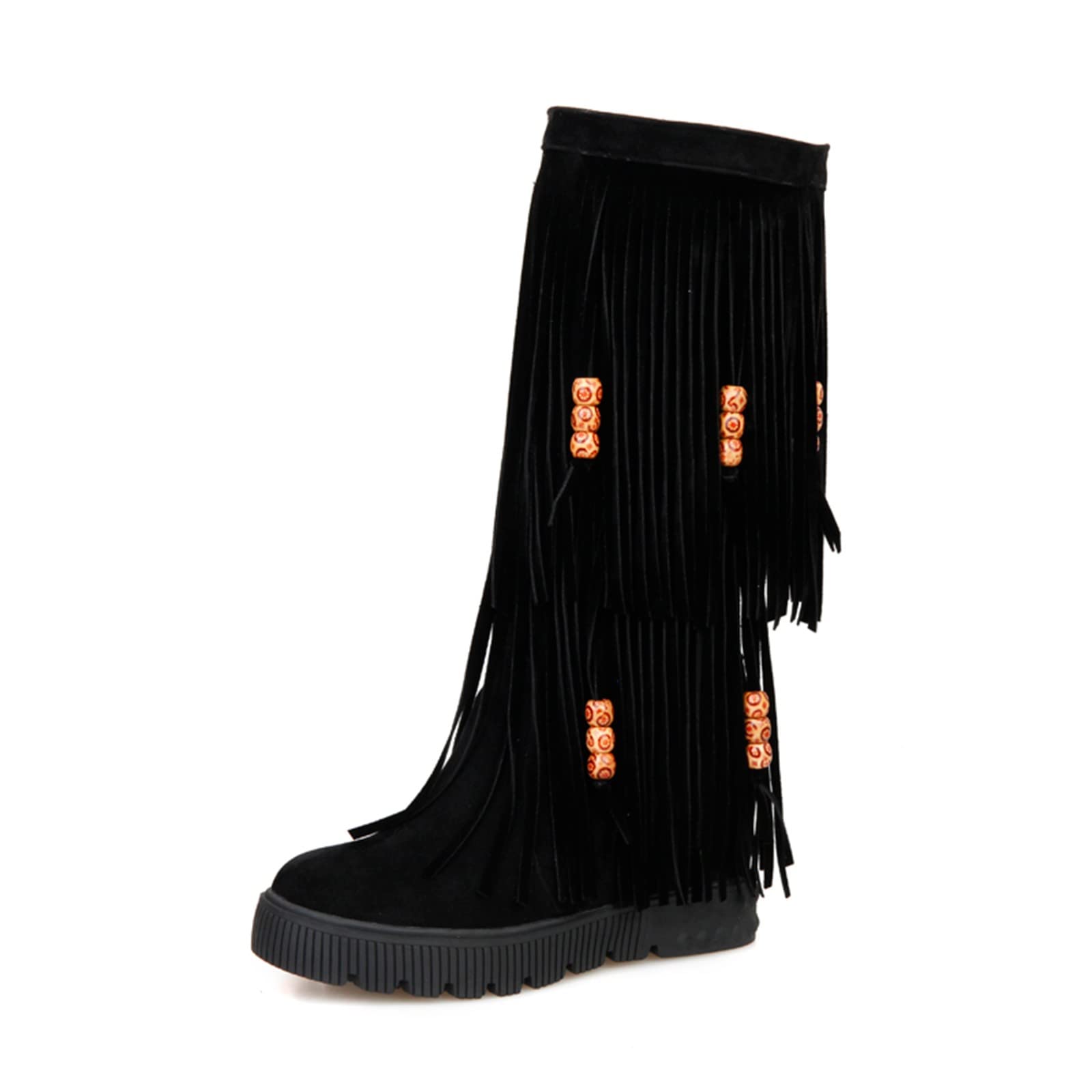Women's Winter Fashion Boots - Breathable Flats with String Beads & Tassel - Retro Thigh High Boots in Pure Colors (Black, Size 9) | Perfect for Holiday Parties & Cold Weather Outfits