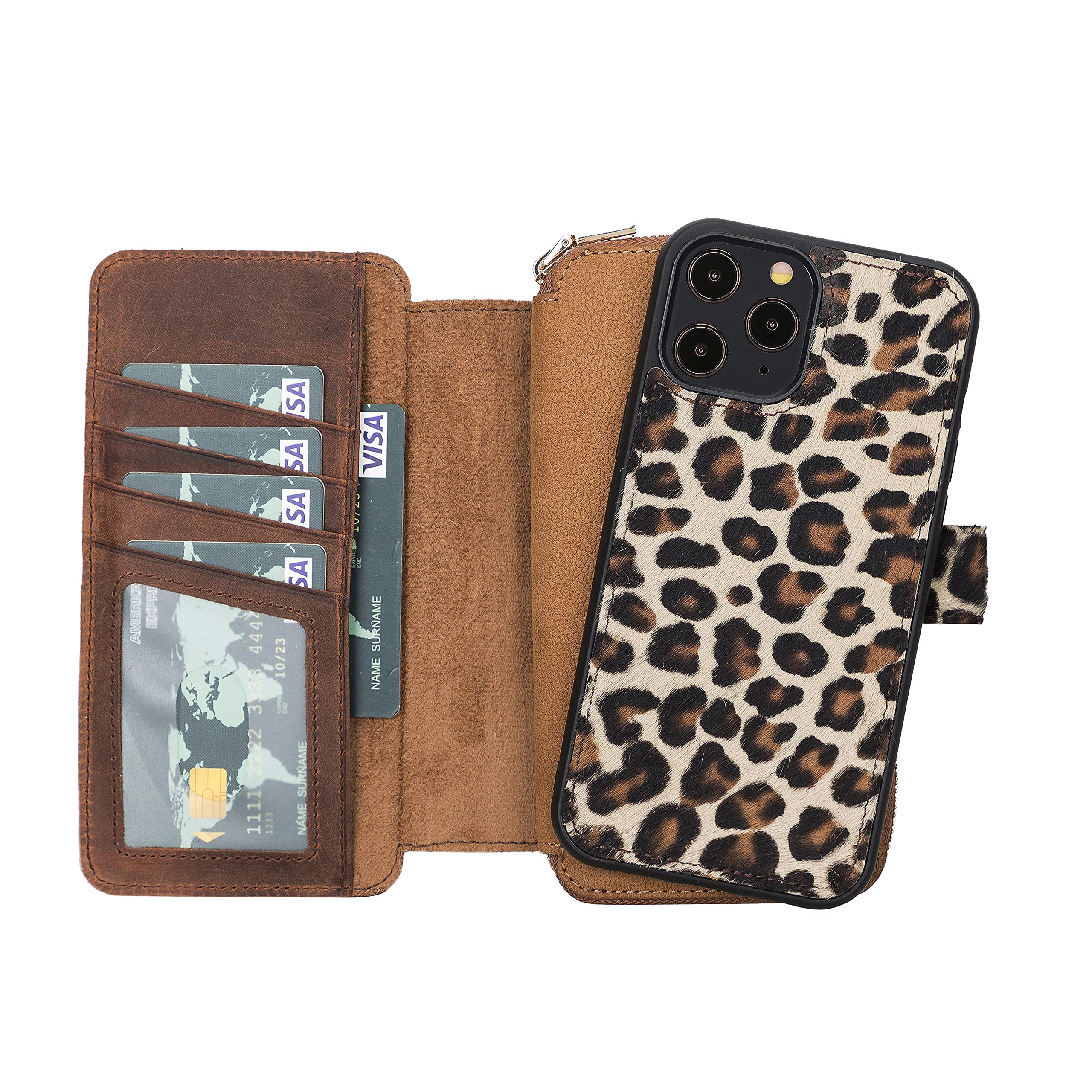 Premium Full Grain Leather iPhone 12 Pro Max Wallet Case with Magnetic Detachable Card Holder & Zipper Closure - Stylish Leopard Print Protective Phone Cover for Women & Men | Perfect for Travel, Work & Everyday Use