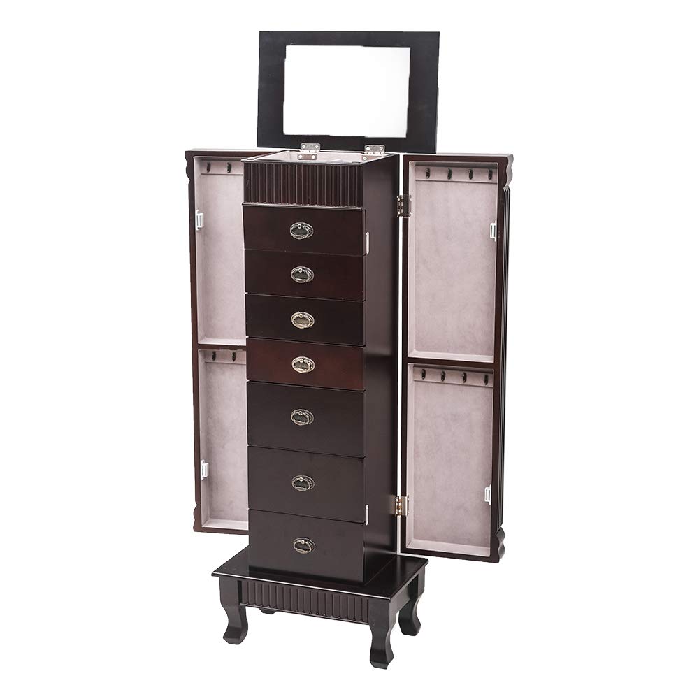 GT2-LC Large Standing Jewelry Armoire Cabinet with Makeup Mirror & Top Storage Organizer - Dark Brown/Beige Flannel - Perfect for Bedroom, Dressing Room & Closet Organization