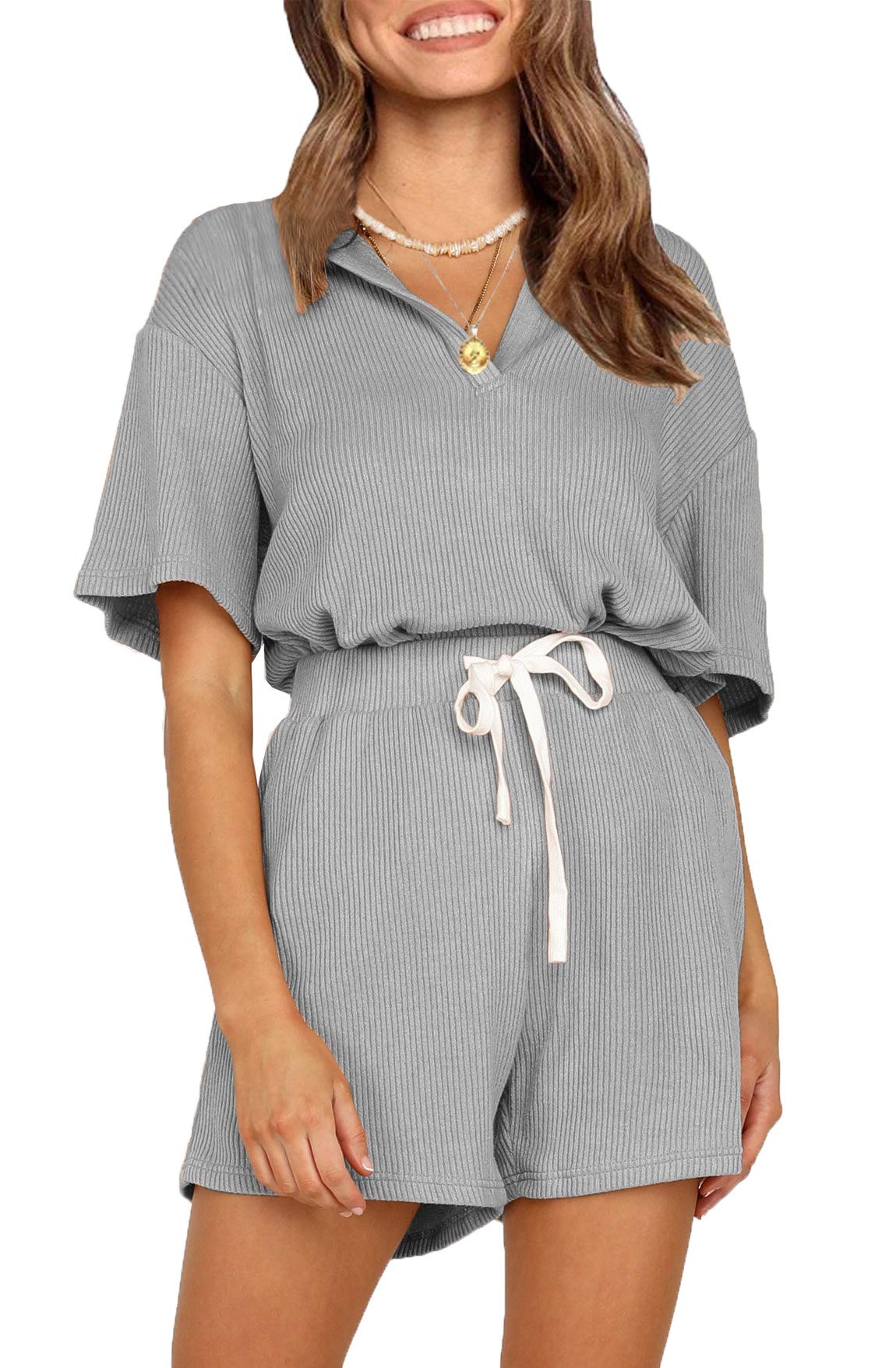CHYRII Women's Casual Ribbed Notch Neck Lounge Set - Short Sleeve Top & Shorts 2-Piece Pajama Outfit | Soft & Comfortable Sleepwear for Home, Travel & Relaxation