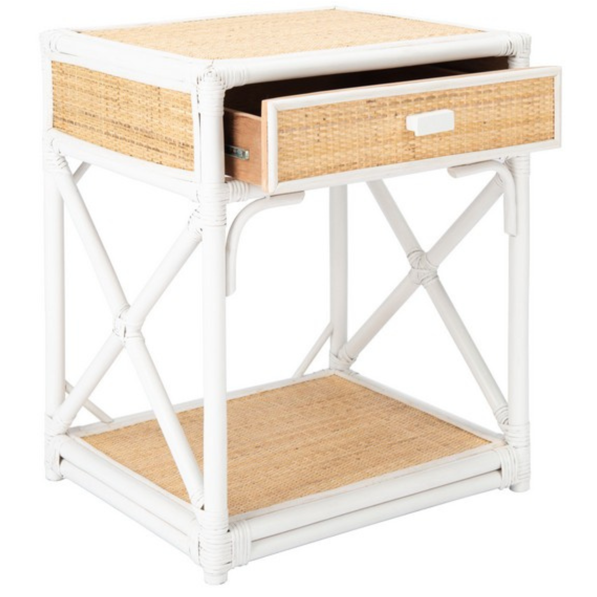 White and Natural Bali One Drawer Nightstand - Bedside Table for Bedroom, Living Room, or Nursery - Compact Storage Solution with Elegant Design