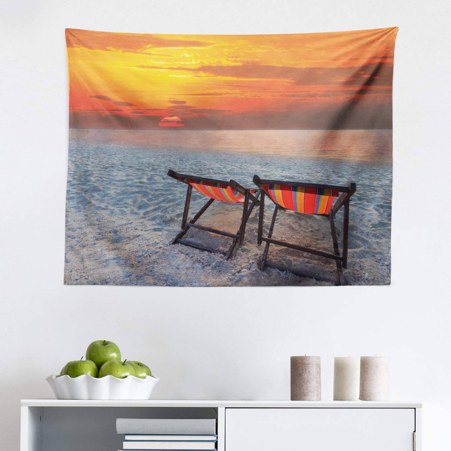 Ambesonne Coastal Tapestry - Vibrant Sunset Beach Scene with Couple Chairs Wall Art, 28x23 Inch Orange Red Grey Fabric Wall Hanging for Bedroom, Living Room, Dorm Decor | Perfect for Beach House Themes, Boho Chic Interiors & Relaxing Spaces