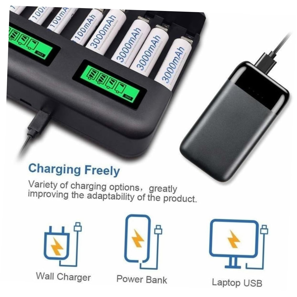 PartyKindom AA AAA USB Battery Charger with Digital Display - Fast Charging for Rechargeable Batteries - Perfect for Cameras, Toys, and Home Electronics