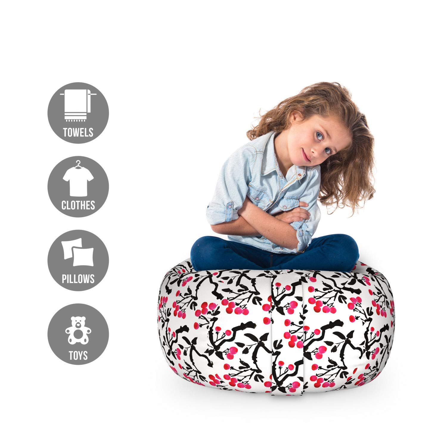 Ambesonne Botanical Toy Storage Bag Chair - Berries on Twigs & Leaves Design, Washable Stuffed Animal Organizer for Kids Room, Small Size in Dark Pink & Charcoal Grey - Perfect for Nursery, Playroom & Bedroom Organization