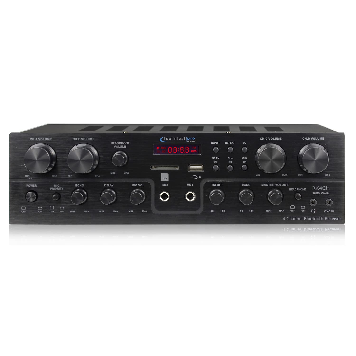 Technical Pro 1600W 4-Channel Bluetooth Stereo Receiver with RCA, USB, SD, AUX & Dual Mic Inputs - Home Theater Audio System, Karaoke Machine & Multi-Zone Speaker Control for Parties, DJ Setup & Entertainment