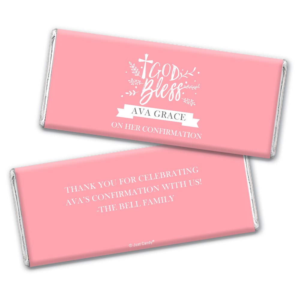 36 Pack Personalized Confirmation Favors Chocolate Bars - Cross Pink God Bless - Perfect for Church Events, Baptisms & Religious Celebrations