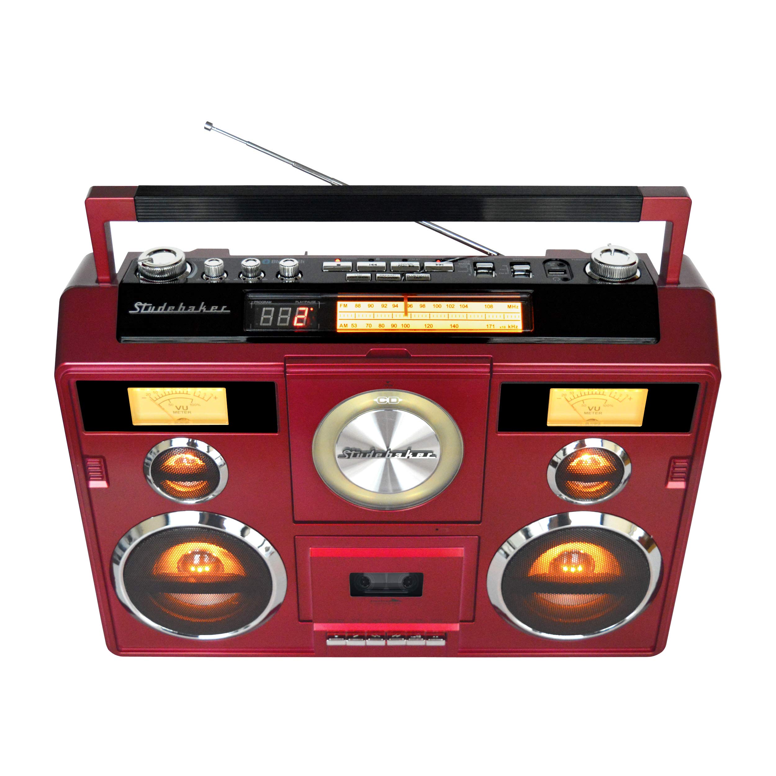 Portable Bluetooth Stereo System with CD Player, AM/FM Radio & Cassette Recorder - Red | Wireless Music Streaming for Home, Office & Outdoor Parties