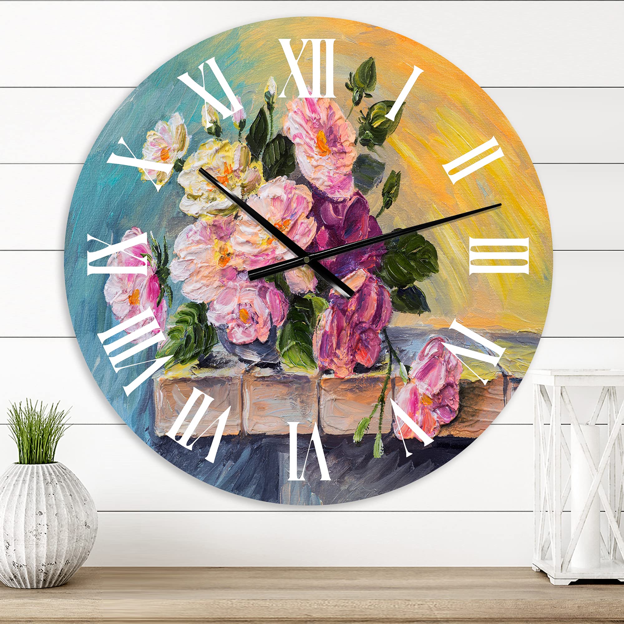 DesignQ Traditional Wall Clock - 'Still Life with Pink Flowers' Floral & Botanical Large Wall Clock for Home, Office & Living Room Decor | Perfect for Kitchen, Bedroom & Workspace