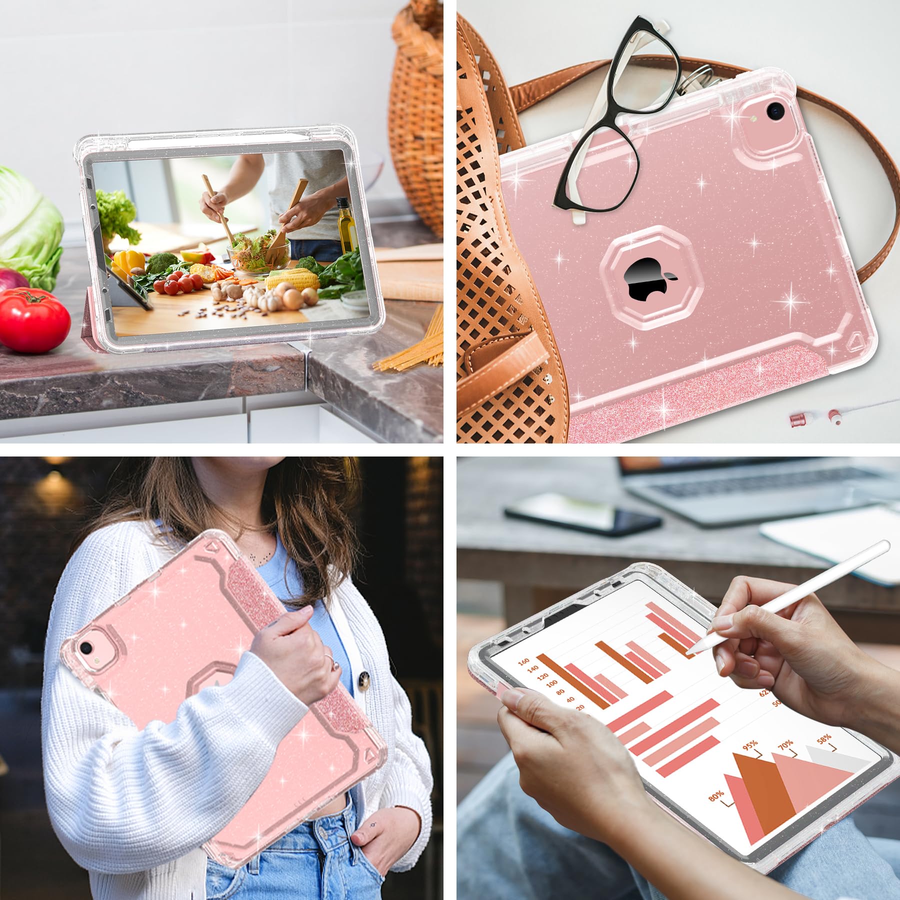 Premium iPad Air 11 Inch Case 2024 & iPad Air 5th/4th Gen 10.9 Inch Case (2022/2020) - Sparkly Glitter Trifold Stand Leather Cover with Pencil Holder, Auto Wake/Sleep & Clear TPU Back (Rose Gold) - Perfect for Work, School & Travel Protection