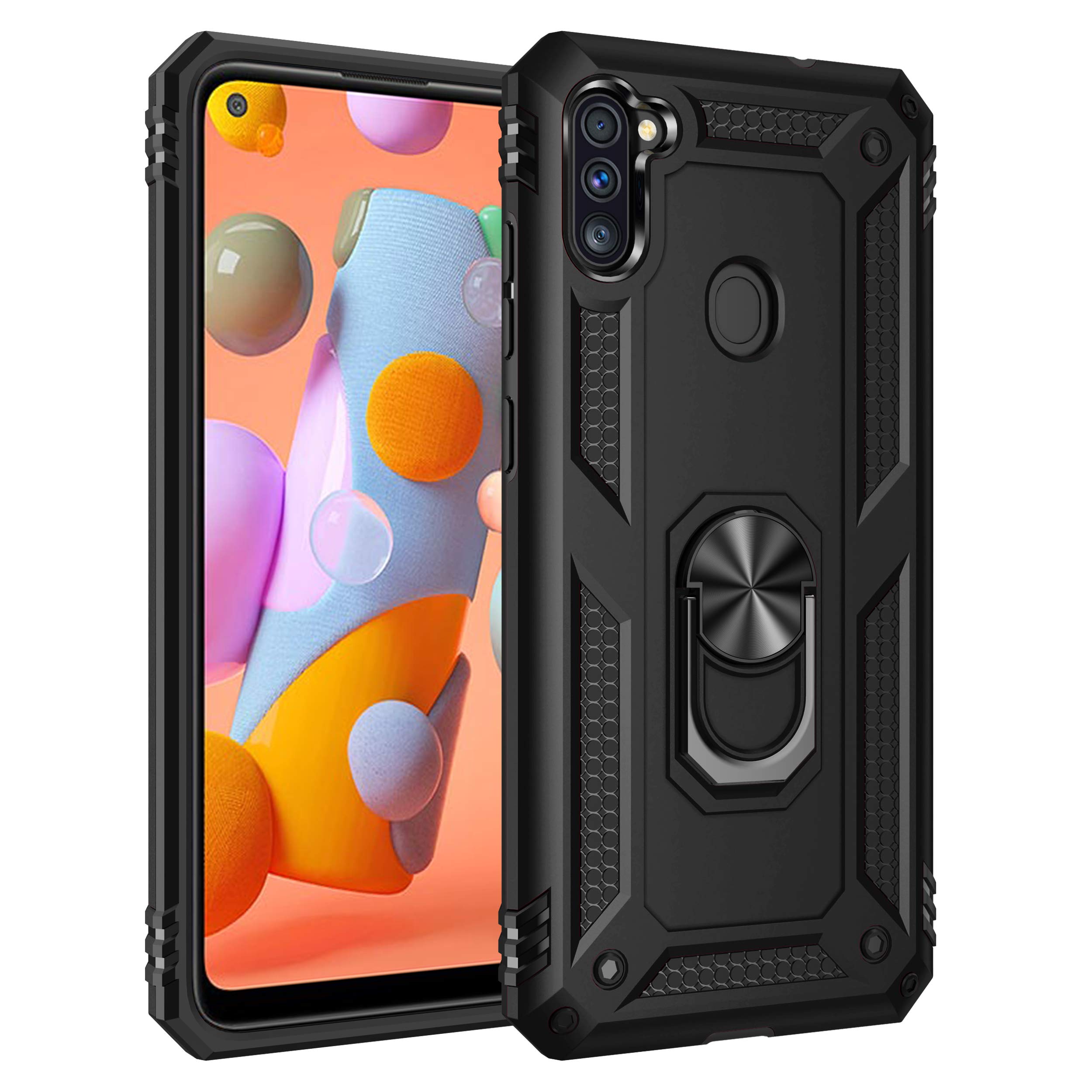 Samsung Galaxy A11 Case - Military Grade Heavy Duty Armor Protection Phone Cover with HD Screen Protector & Magnetic Ring Kickstand | Shockproof, Drop Proof | Perfect for Outdoor, Work, Travel (Black)