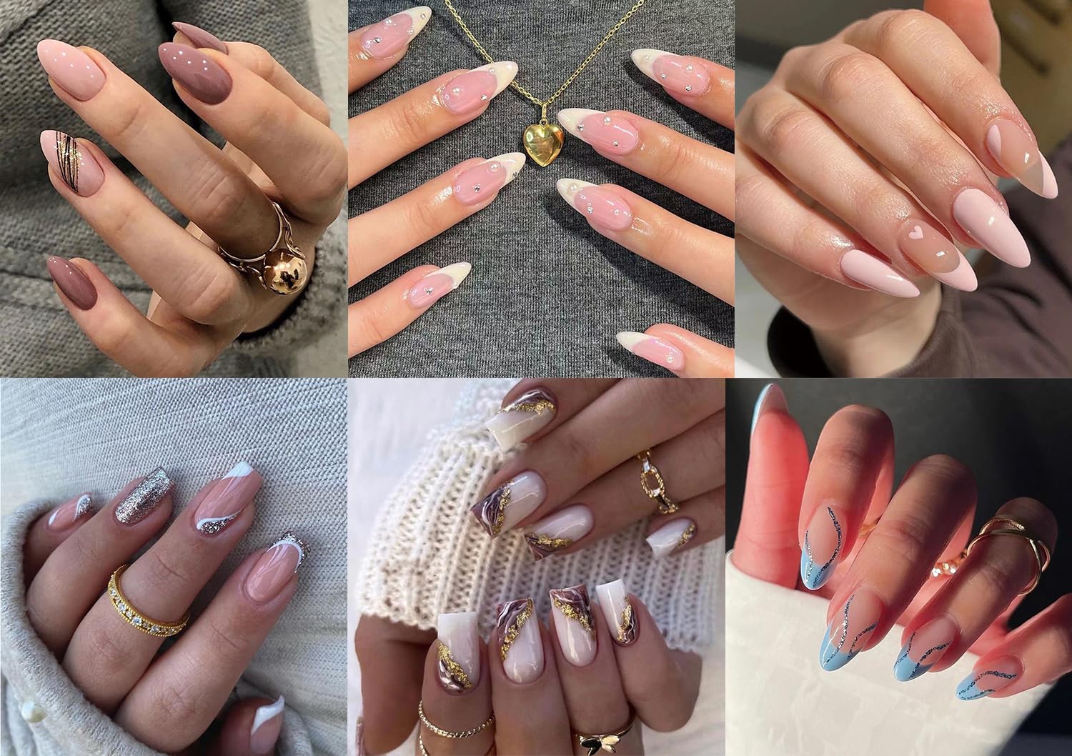 6 Packs (144 Pcs) Press on Nails Medium False Nails - Almond & Square Full Cover Stick on Artificial Acrylic Fake Nails with Adhesive Tabs for DIY Manicure & Nail Art | Perfect for Parties, Weddings, Daily Wear & Special Occasions