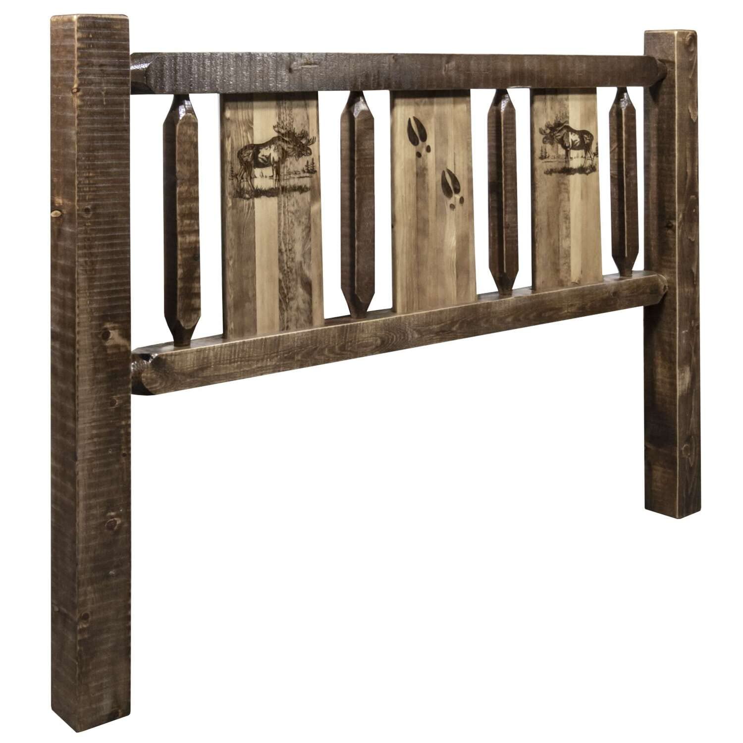 Montana Homestead King Size Headboard - Stained & Lacquered Solid Wood Bed Frame with Moose Design | Perfect for Rustic Cabin, Lodge & Farmhouse Bedroom Decor