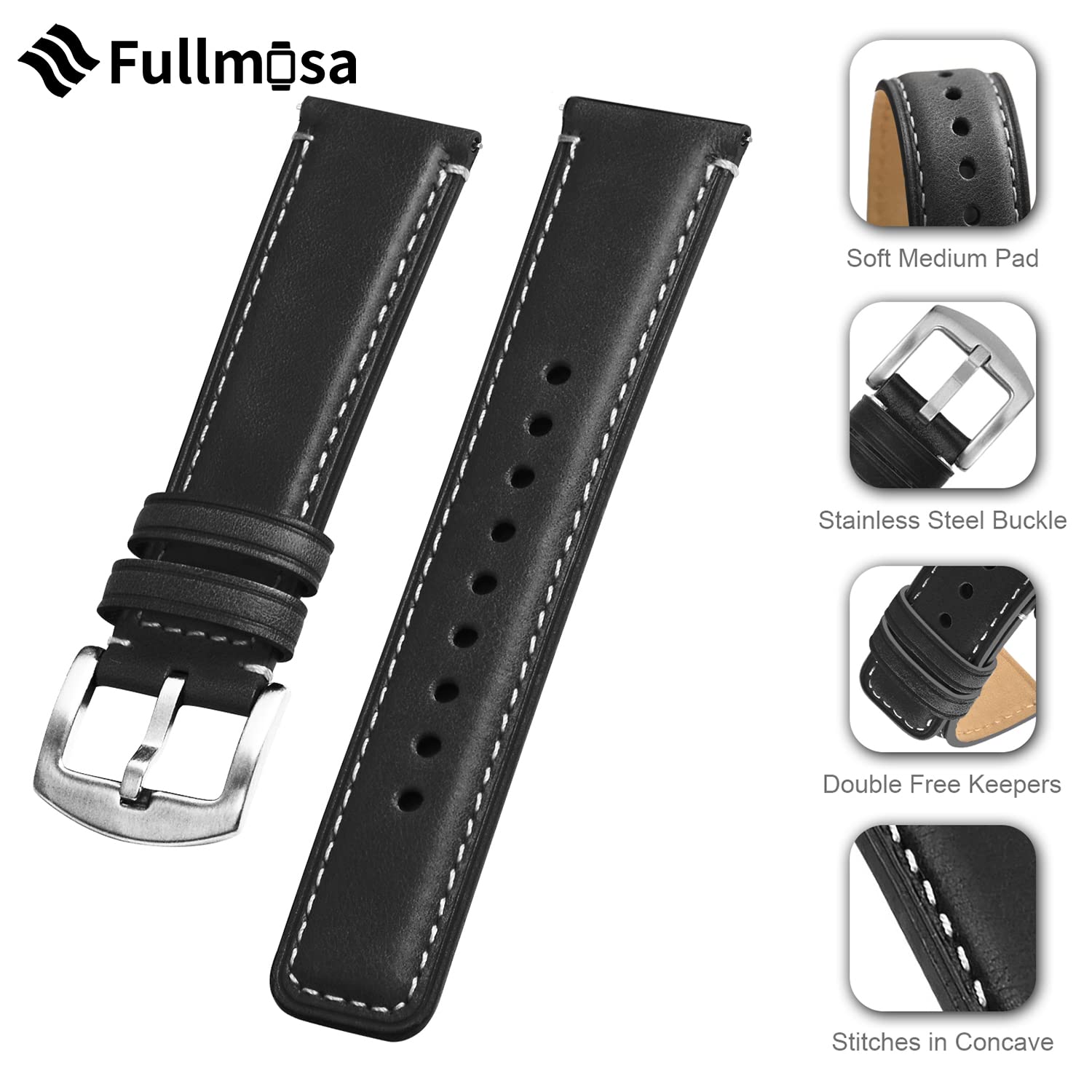 Fullmosa Quick Release Leather Watch Band 22mm 20mm 18mm - Burnished Strap for Samsung Galaxy Watch/Garmin Watch - Perfect for Business, Casual & Outdoor Activities