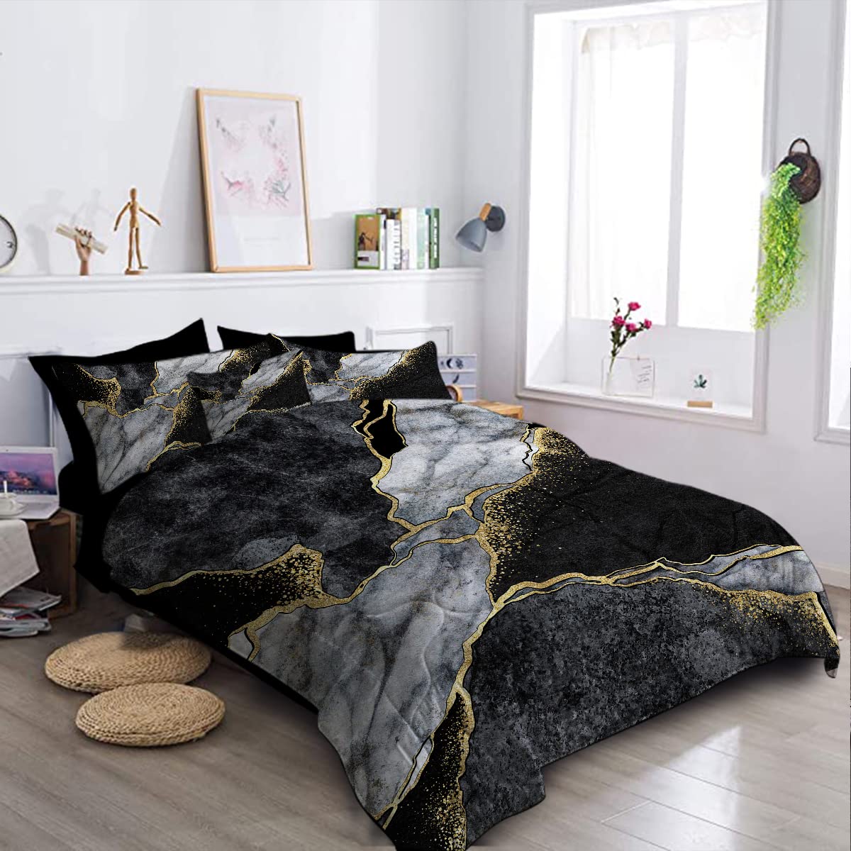 BlessLiving Black Gold White Marble Comforter Set King - 8 Piece Luxury Modern Bed in a Bag with Comforter & Sheets, Abstract Design Bedding Set for Master Bedroom, Guest Room & Hotel Decor