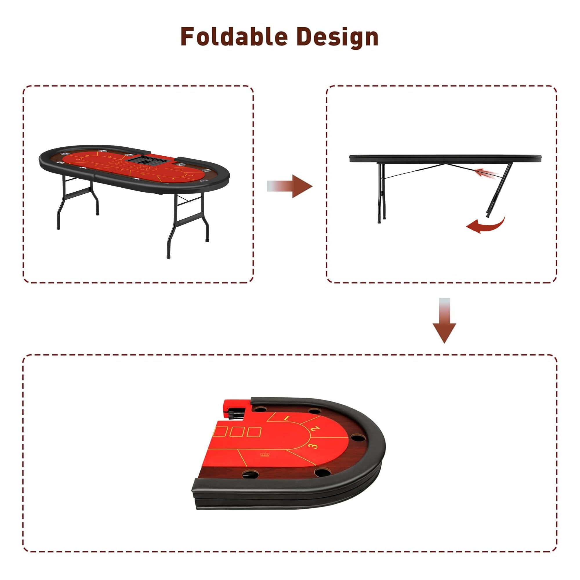 Premium 10 Player Foldable Poker Table with Cup Holders - 84 Inch Portable Texas Holdem Table with Chip Tray & Padded Rails - Casino Style Folding Card Game Table in Stylish Red - Perfect for Home Game Nights, Poker Parties & Casino Themed Events
