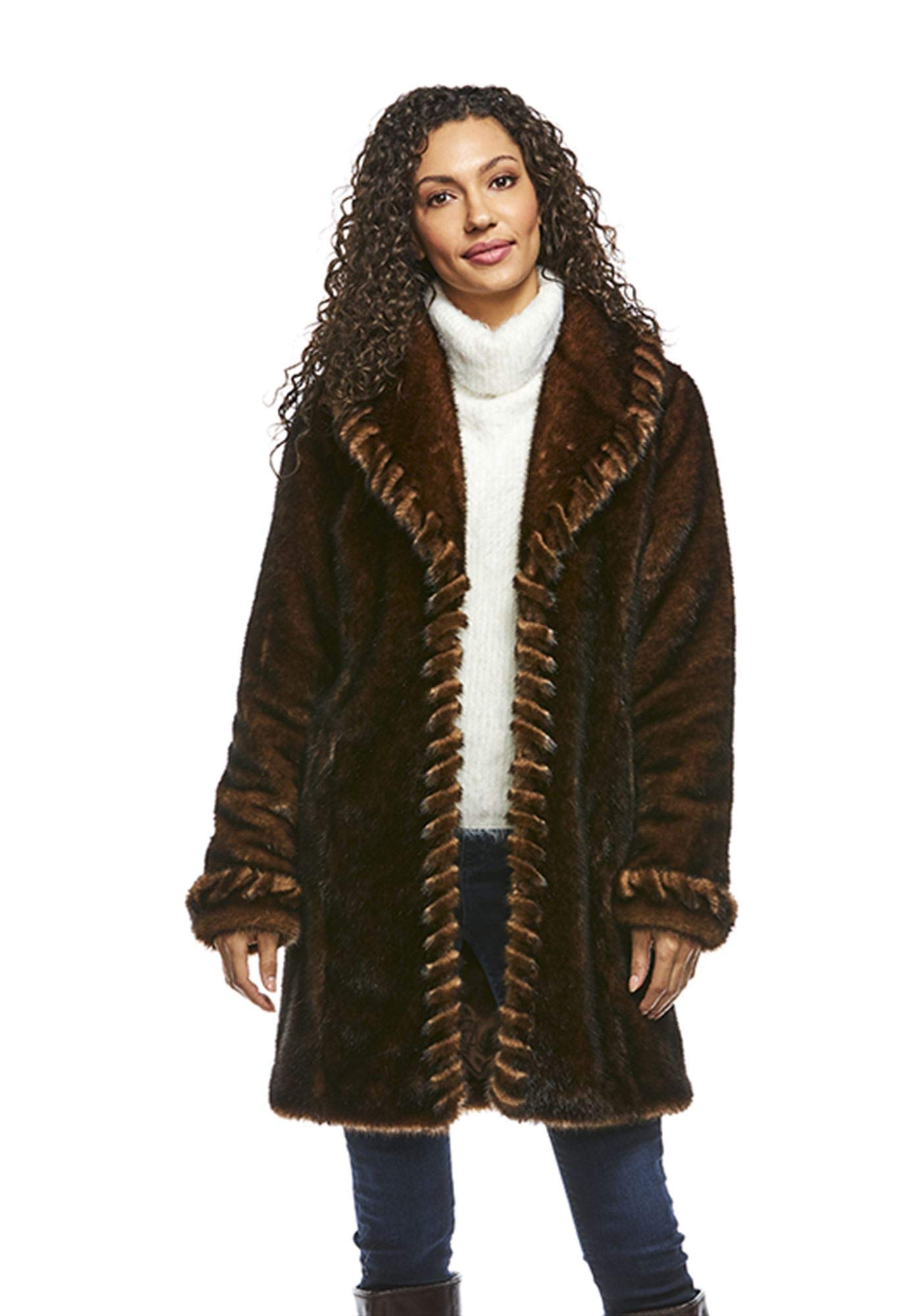 Donna Salyers' Fabulous-Furs Forever Mink Faux Fur Stroller Coat - Brown, Sizes XS to 3X - Warm Winter Outerwear for Women, Perfect for Casual Outings & Special Occasions