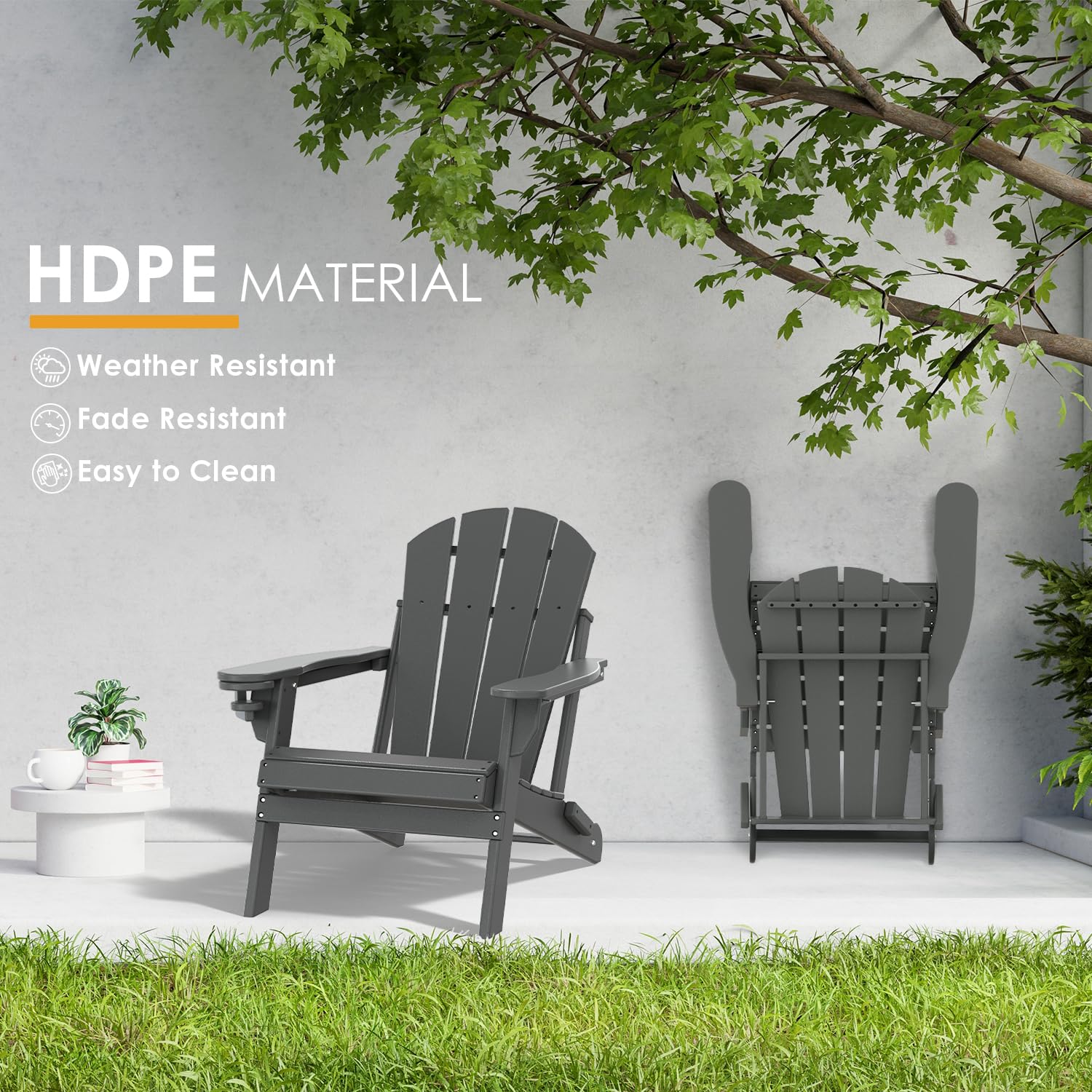 IVY&LANE 2-Pack Folding Adirondack Chairs - Weather-Resistant HDPE Plastic Outdoor Chairs with Cup Holders (Grey) - Perfect for Patio, Deck, Poolside, Garden & Beach Relaxation