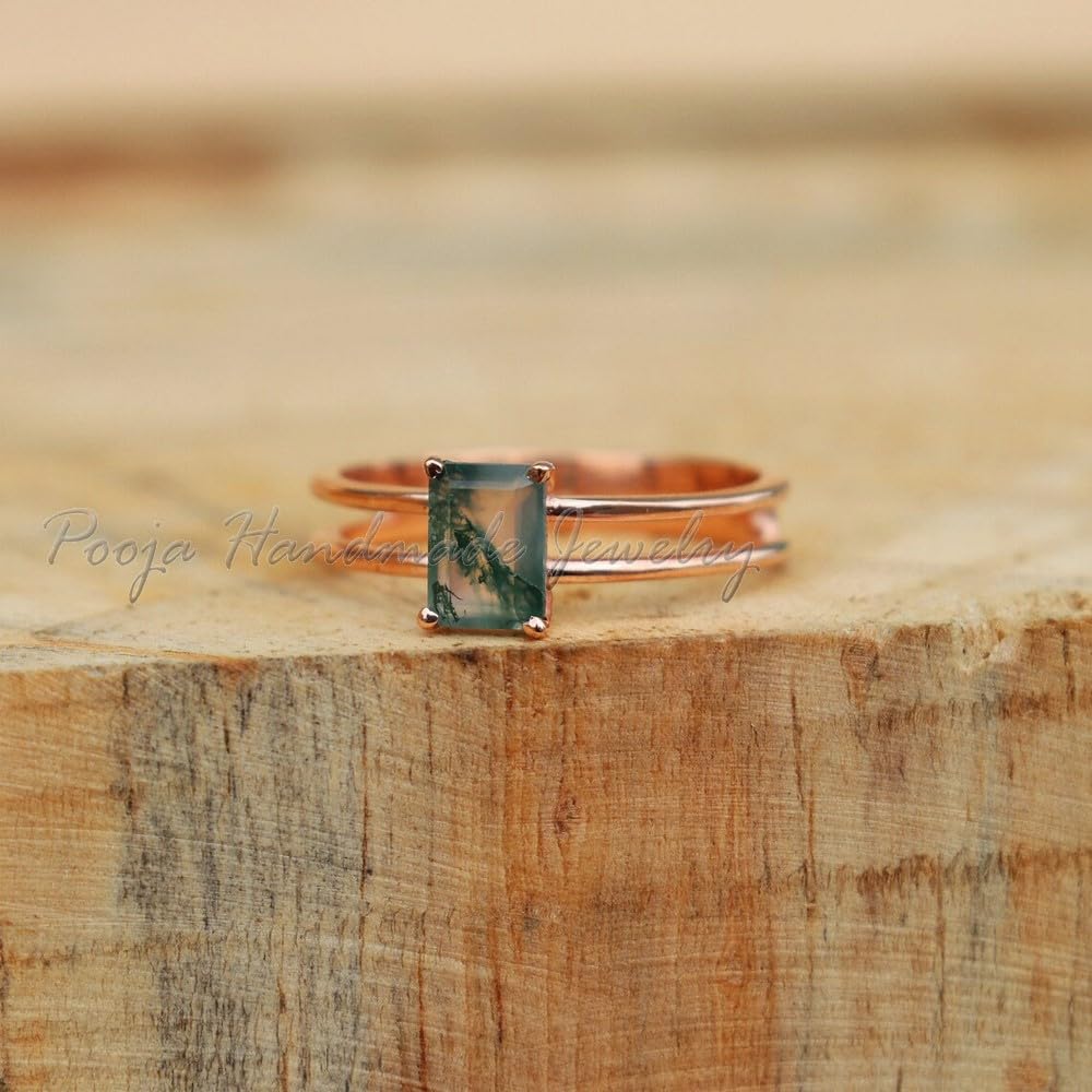 Moss Agate Ring for Women - 14K Rose Gold Vermeil & 925 Sterling Silver Dainty Bohemian Midi Stackable Band Ring - Perfect Birthday Gift for Her - Ideal for Everyday Wear, Stacking, and Bohemian Style Outfits