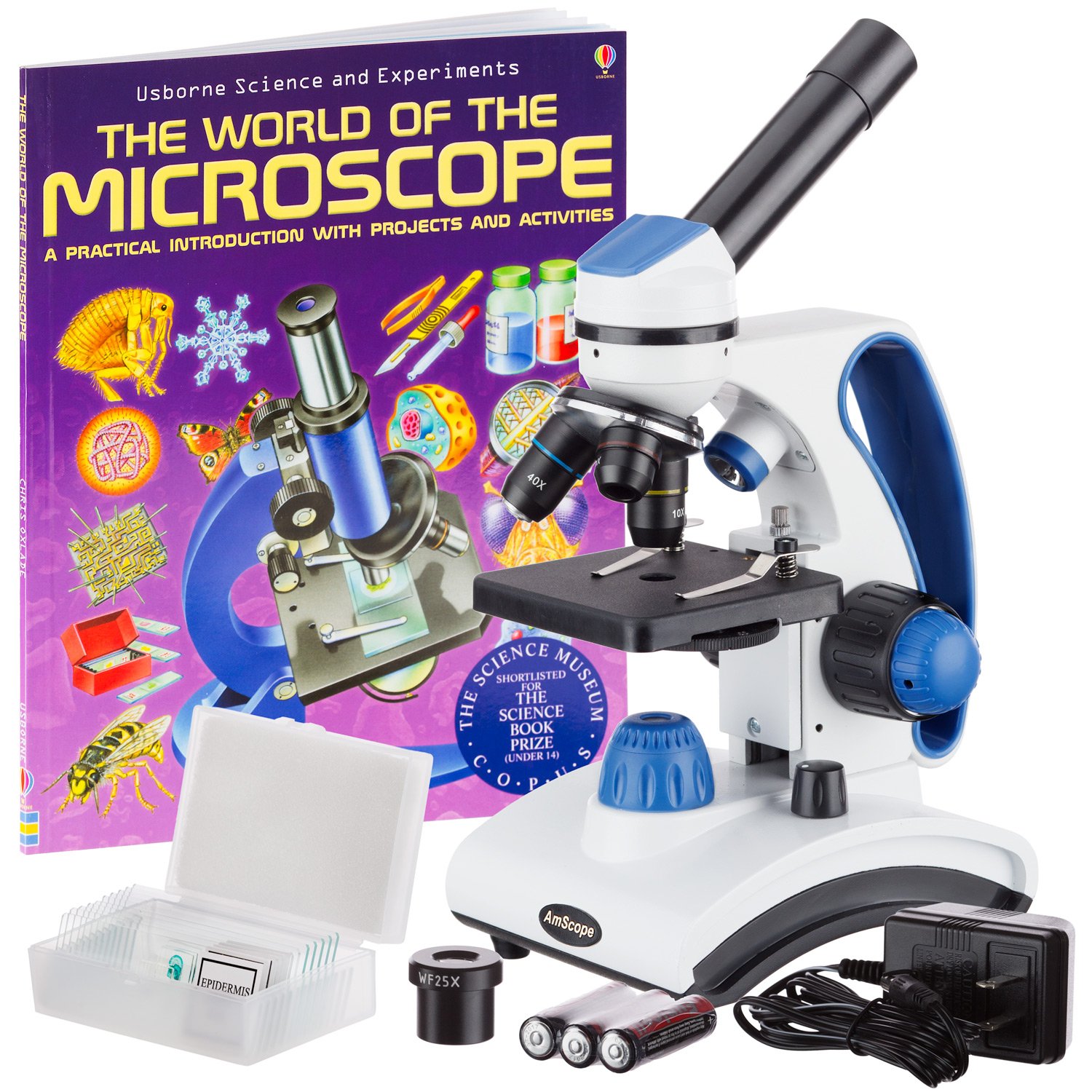 AmScope M162C-2L-PB10-WM 40X-1000X Dual LED Illumination Student Microscope Kit with Slides & Guide Book - Perfect for Kids Science Experiments, Biology Lab & Homeschool Learning - All Metal Construction in Blue