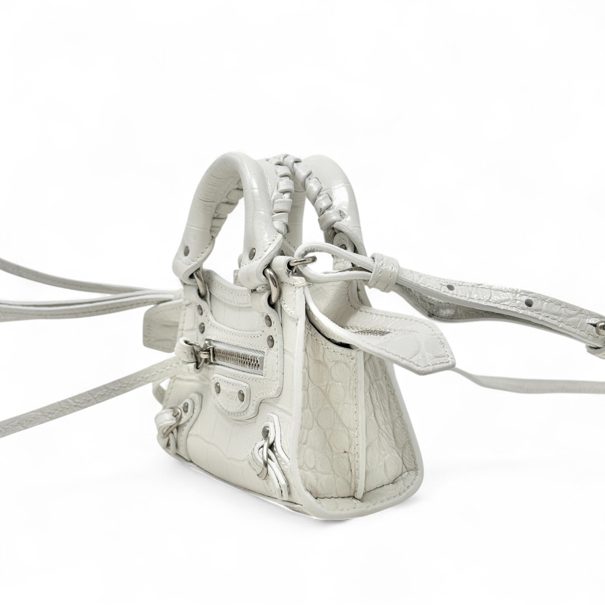 Balenciaga White Crocodile Embossed Nano City Bag - Stylish Mini Crossbody Purse for Women, Perfect for Parties, Dating & Daily Use