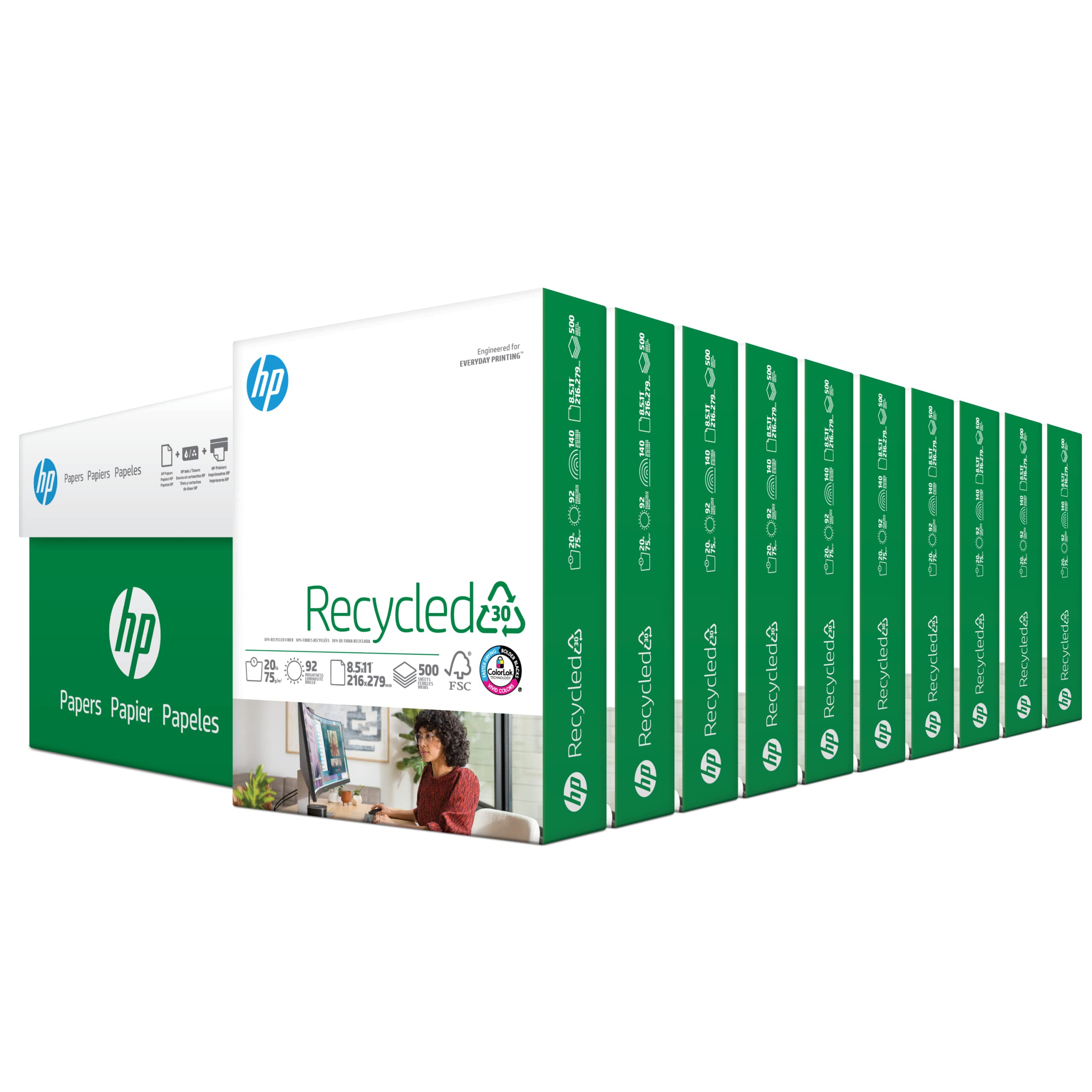HP Printer Paper 8.5 x 11 Inches | 30% Recycled Copy Paper | 10 Ream Case (5000 Sheets) | 92 Brightness | FSC Certified | Made in USA | Ideal for Office, School & Home Printing - 112100C