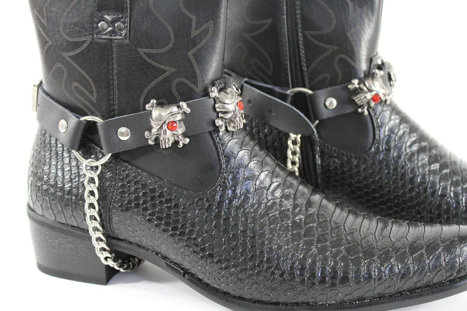 Men's Black Leather Biker Boot Bracelet with Silver Skull & Chain Straps - Chunky Statement Bangle Jewelry for Motorcycle Riders & Rock Fashion Enthusiasts