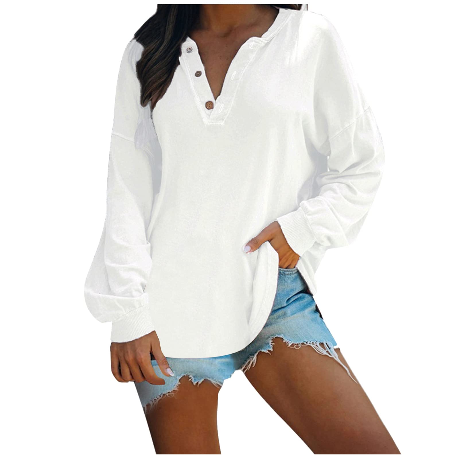 Women's Comfortable V-Neck Sweatshirt - Long Sleeve Casual Pullover with Button Detail & Lace Trim - Warm Winter Tops for Women | Perfect for Office Wear, Date Nights & Fall Layering