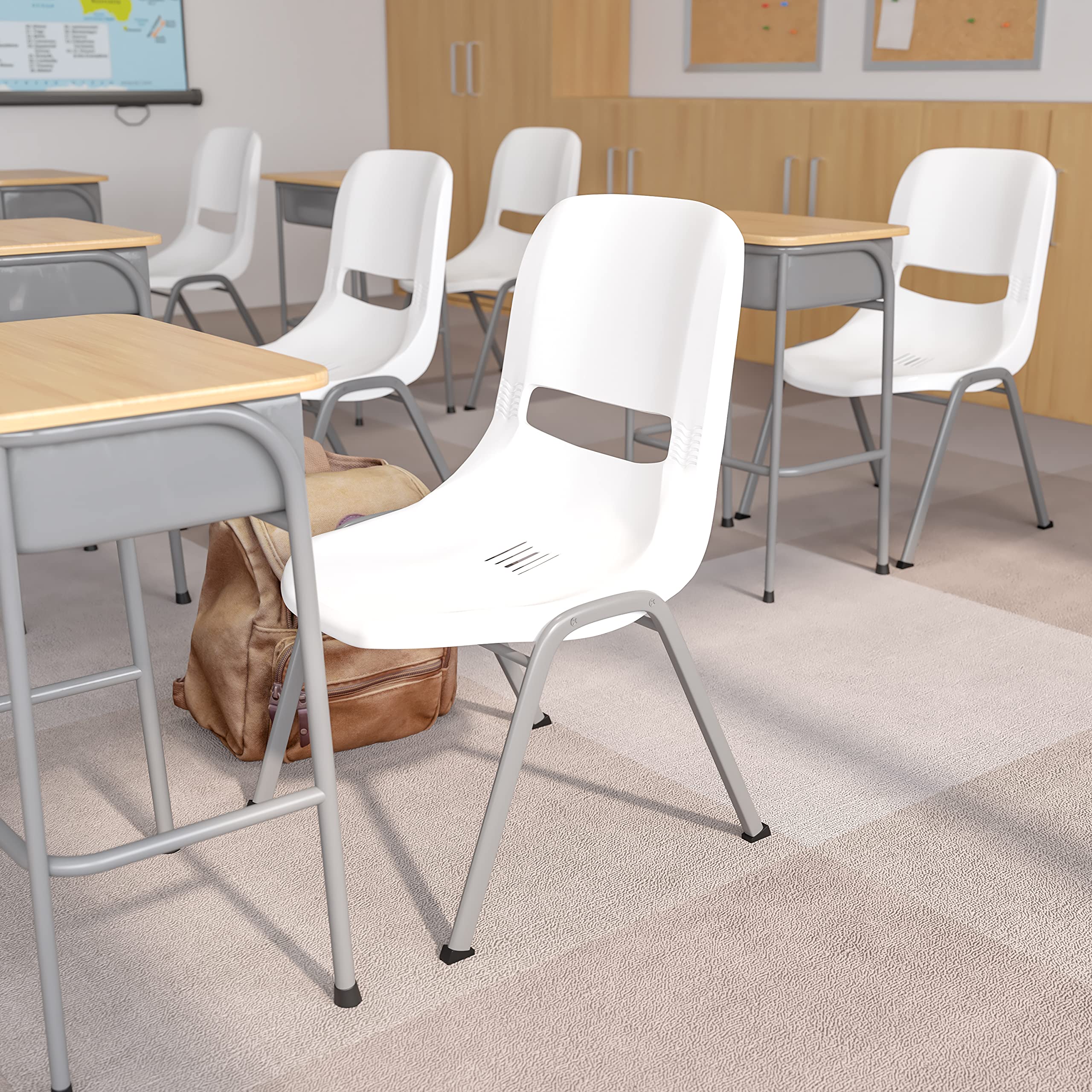 EMMA + OLIVER White Ergonomic Shell Student Stack Chair - Comfortable Classroom & Office Guest Chair for School, Conference Room, and Home Study Use
