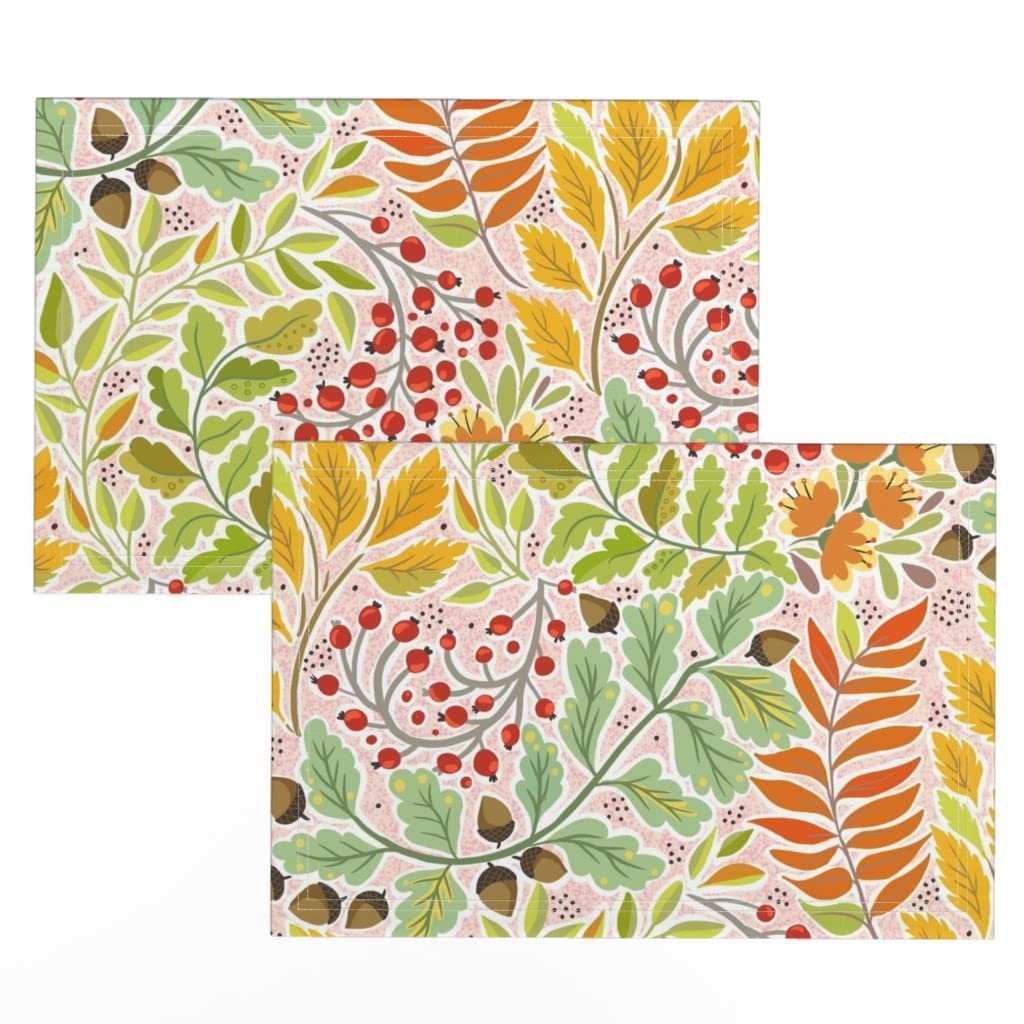 Linen Cotton Canvas Placemats Set of 2 - Colorful Autumn Botanicals Rainbow Leaves Print Table Mats | Eco-Friendly Dining Decor for Thanksgiving, Fall Dinner Parties & Home Decor
