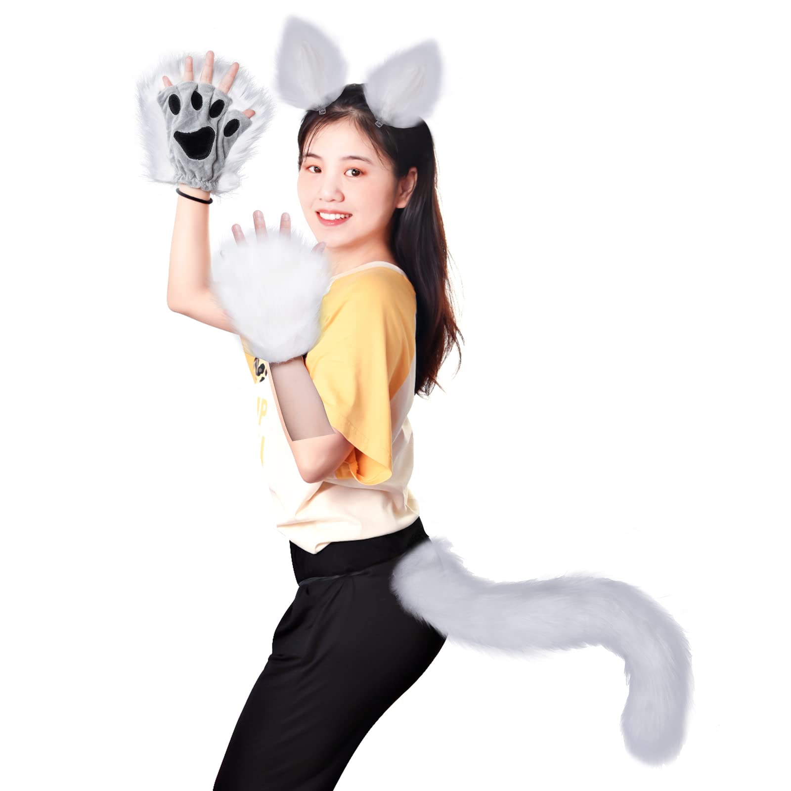Faux Fur Wolf Fox Tail Hair Clips with Ears & Gloves Set - Halloween Christmas Cosplay Costume Accessories for Party Dress Up & Role Play