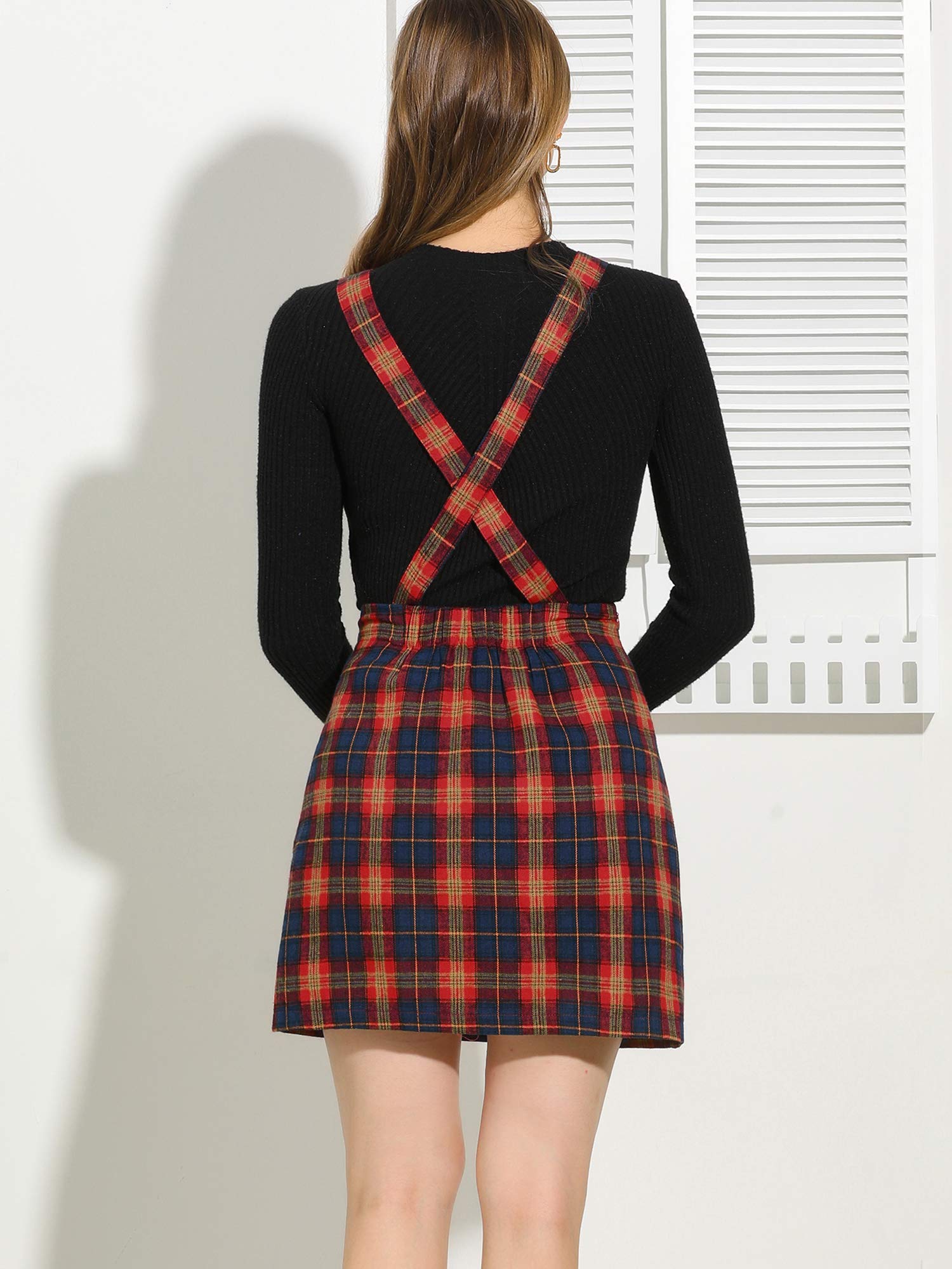 Allegra K Women's Plaid Adjustable Strap Pinafore Mini Dress - Stylish Bib Overalls & Suspender Skirt for Casual Outings, Dates & Fall Fashion