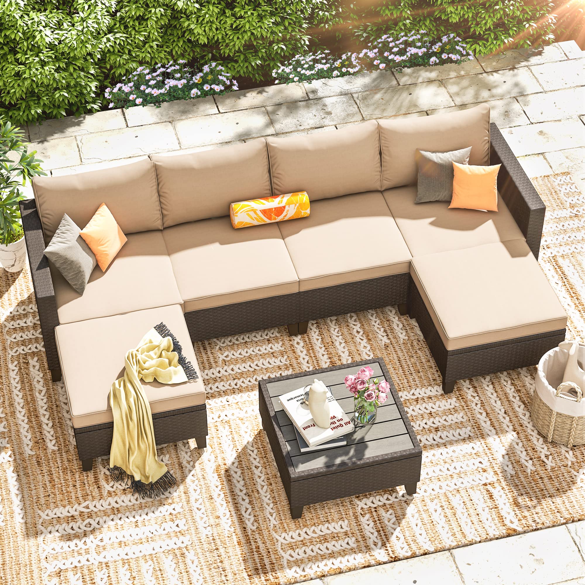 GYUTEI 7-Piece Outdoor Patio Furniture Set - Wicker Sectional Sofa with 4 Seats, 2 Ottomans & Coffee Table - All-Weather Garden Conversation Set for Porch, Lawn, Backyard (Khaki) | Perfect for Outdoor Entertaining, Lounging and Relaxing in Your Garden or Poolside