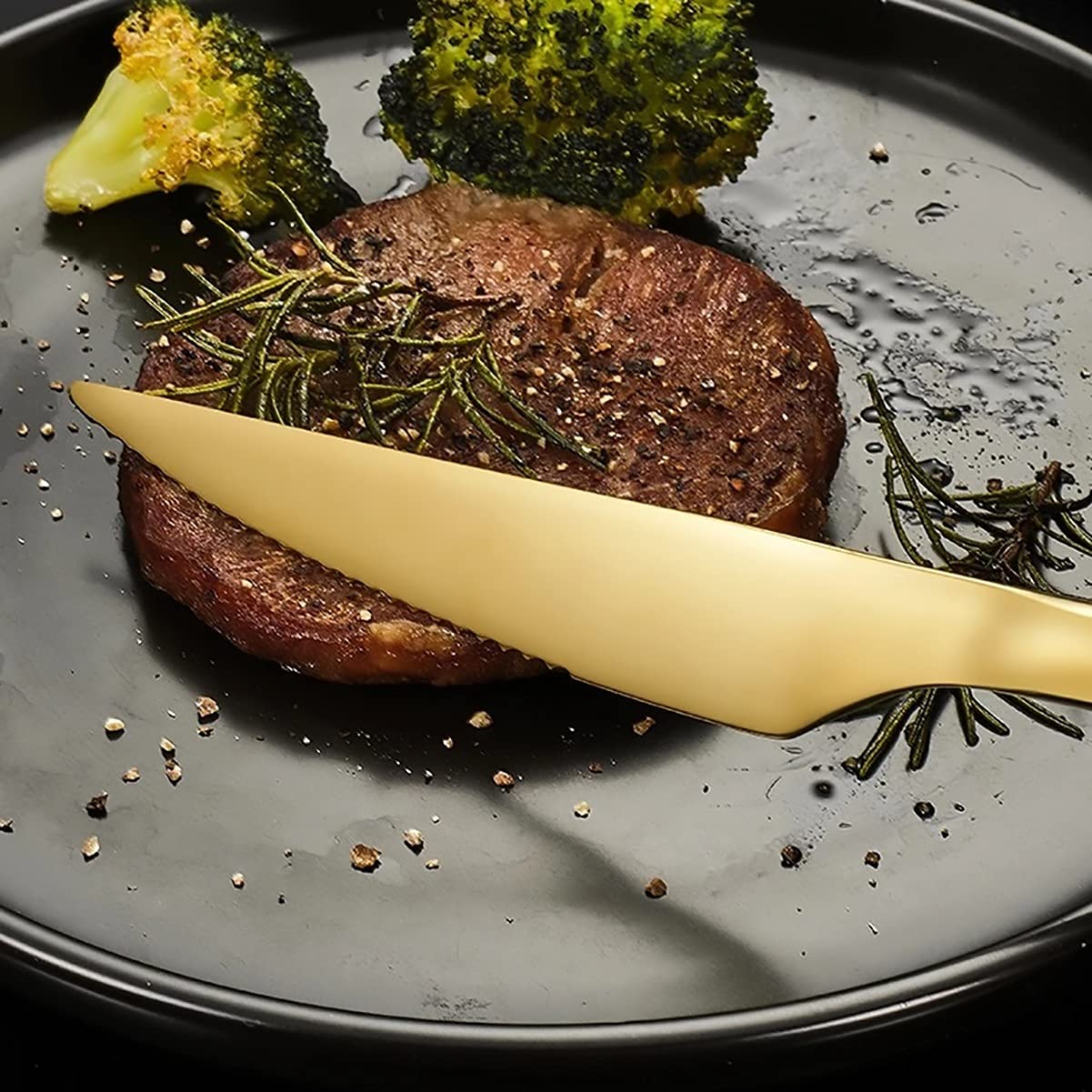 Premium 6-Piece Black Gold Steak Knife Set - High-Quality Stainless Steel Dinner Knives for Steak, BBQ & Meat Cutting - Perfect for Restaurant, Bar, Home Kitchen & Dinner Party Cutlery