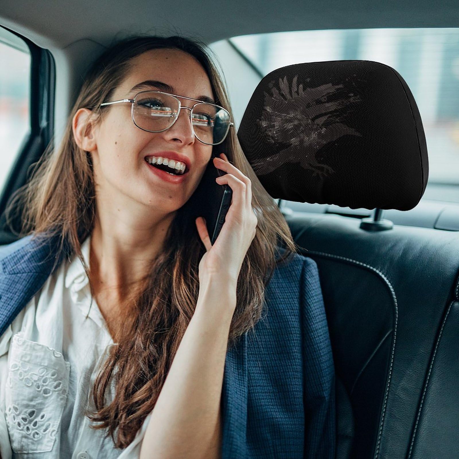 Universal Car Headrest Cover - Full Wrap Seat Protector for Cars, SUVs & Trucks - Ink Raven Design - 1PC - Perfect for Travel, Commuting & Long Drives