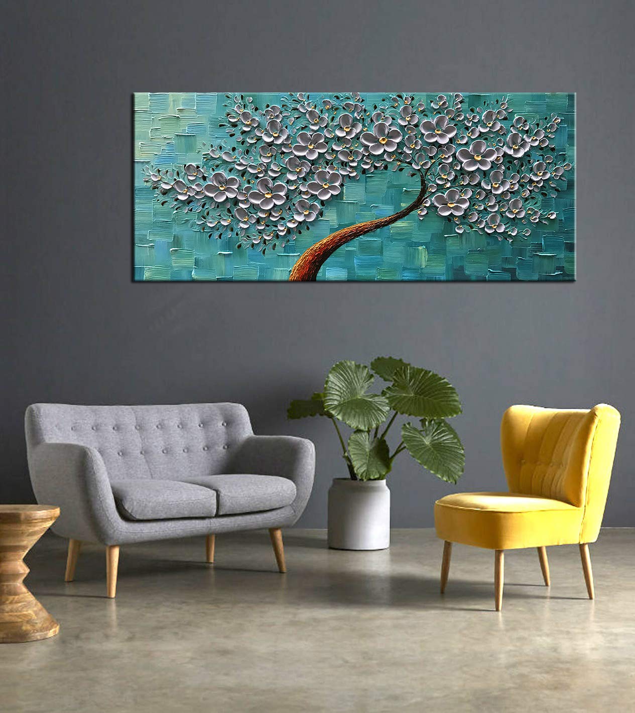 YaSheng Art - 24x60 Inch Large Abstract Floral Oil Painting on Canvas, 3D Texture Palette Knife Art, Silver Flower Tree Wall Decor - Perfect for Living Room, Bedroom & Office Wall Art