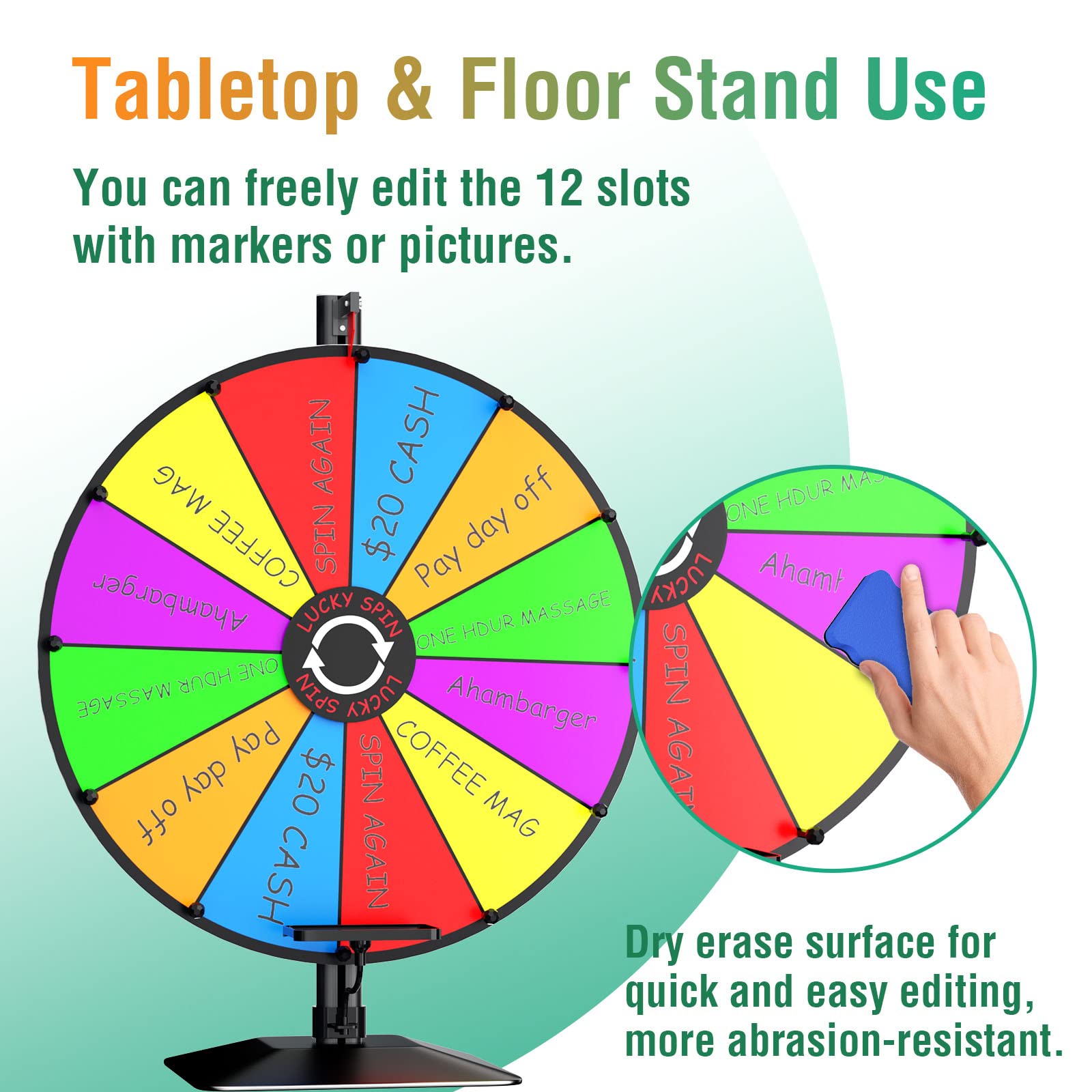 24 Inch Heavy Duty Prize Wheel - Adjustable Height Floor Stand & Tabletop Spinner with 12 Dry Erase Slots & Eraser for Carnival Games, Trade Shows, Fortune Spinning & Classroom Activities