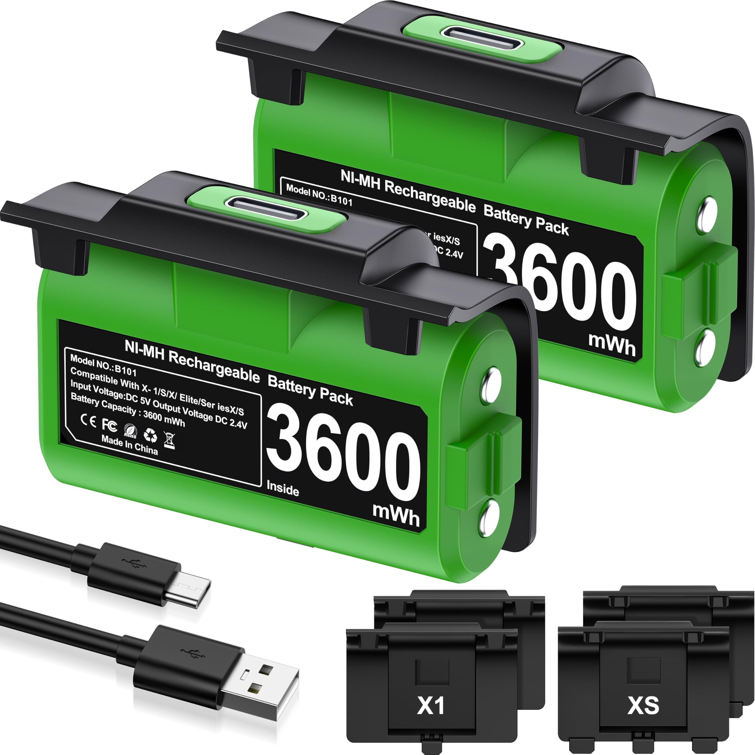 EXTREMECOOL Rechargeable Xbox Controller Battery Pack - Compatible with Xbox Series X|S, Xbox One S|X & Elite Controllers | Includes 2x 3600mWh X-1 Batteries, 4 Battery Covers & USB-C Cable | Long-Lasting Power for Gaming Sessions, Streaming & Competitive Play
