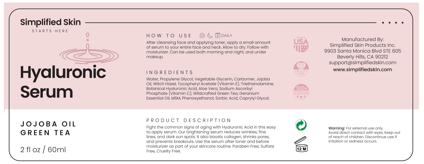 Hyaluronic Acid Face Serum with Jojoba Oil, Green Tea & Vitamin C - Deep Hydration Anti-Aging Serum for Smooth, Plump & Youthful Skin - 2 Fl Oz - Perfect for Daily Skincare Routine & Nighttime Moisturizing