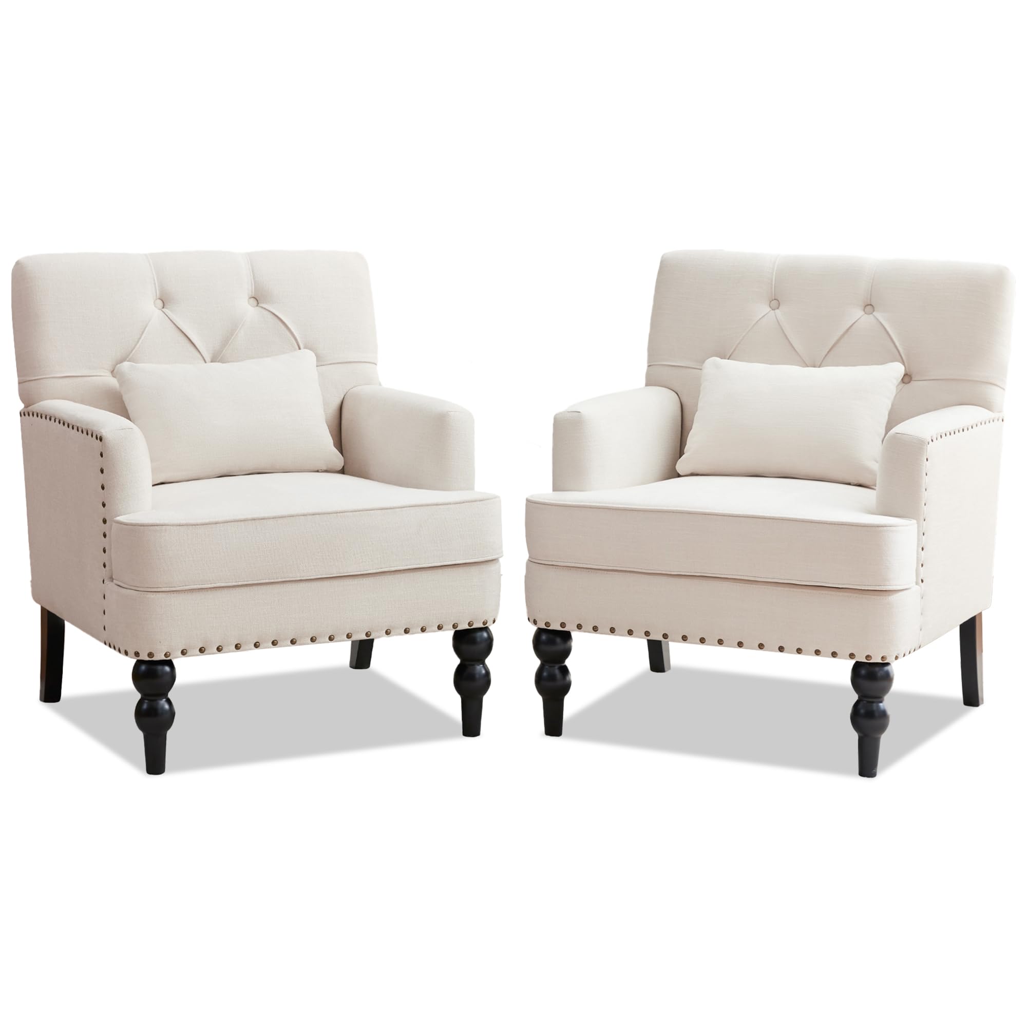 HUIMO Tufted Club Chair Set of 2 - Mid Century Modern Accent Chairs with Lumbar Pillow & Studded Upholstery, Beige Fabric Armchairs for Living Room, Bedroom, Office or Reading Nook - Cozy Seating for Relaxation & Home Decor