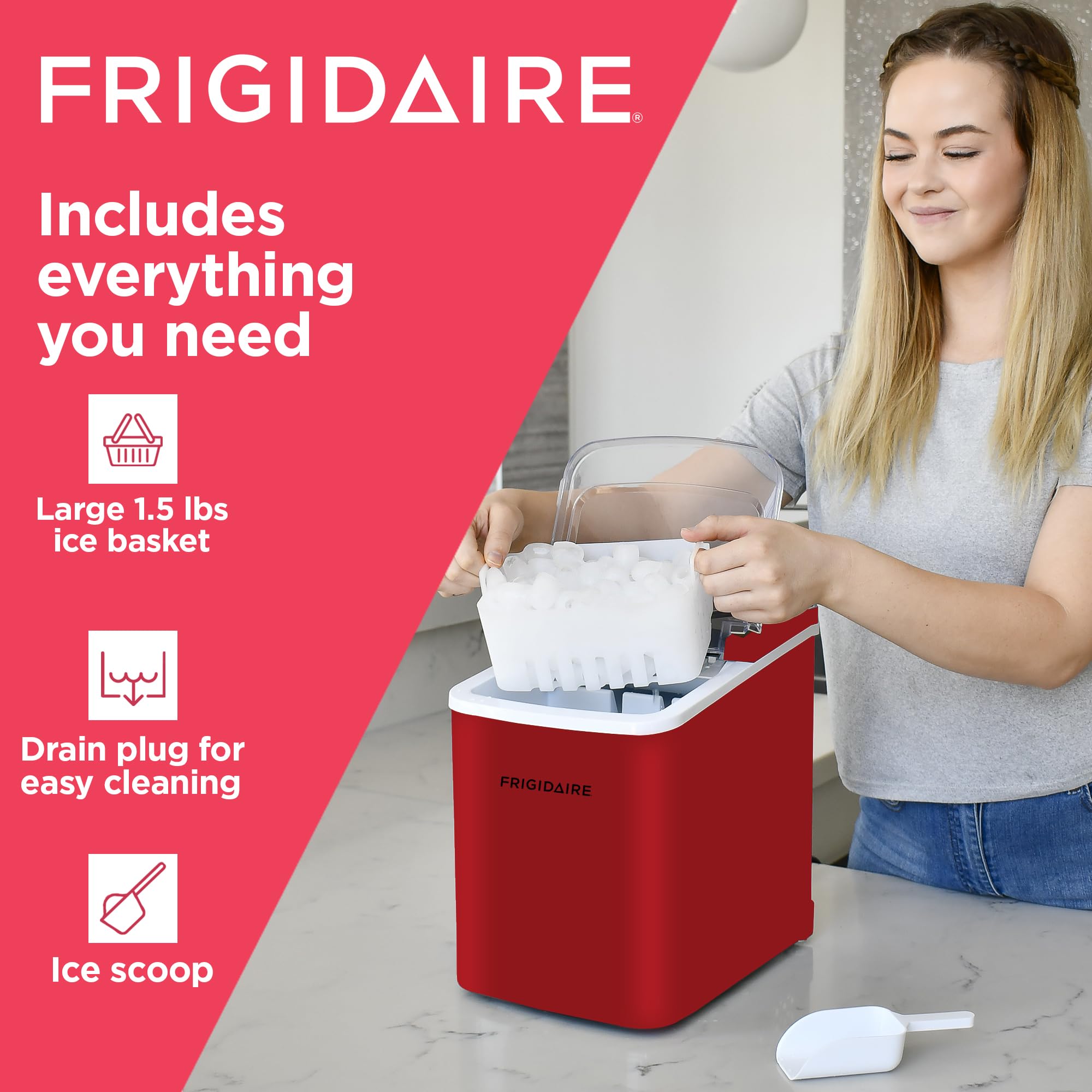 Frigidaire EFIC102-RED Countertop Ice Maker Machine - 26 lbs Daily Capacity, Bullet Ice Cube Maker with Transparent Window (14.1