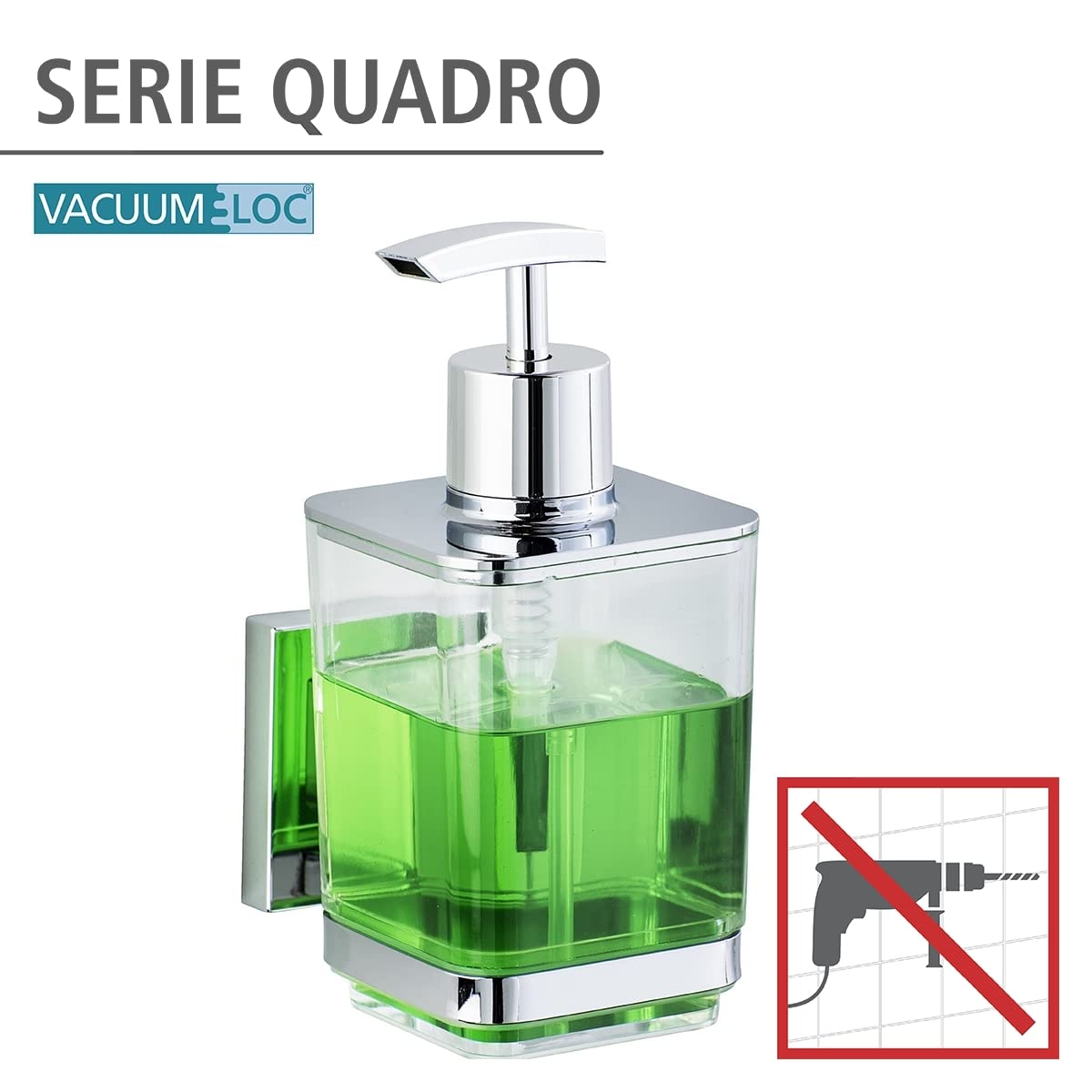 WENKO Vacuum-Loc Soap Dispenser Quadro - Stainless Steel, Silver Shiny (7.5 x 10 x 16 cm) - Perfect for Kitchen, Bathroom, and Office Hygiene