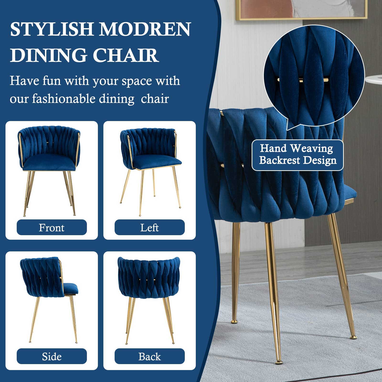 NIOIIKIT Modern Velvet Dining Chairs Set of 2 - Handwoven Upholstered Accent Chairs with Golden Metal Legs for Living Room, Kitchen, Dining Room & Vanity (Navy Blue) | Elegant Seating for Home Decor, Dinner Parties & Cozy Lounging