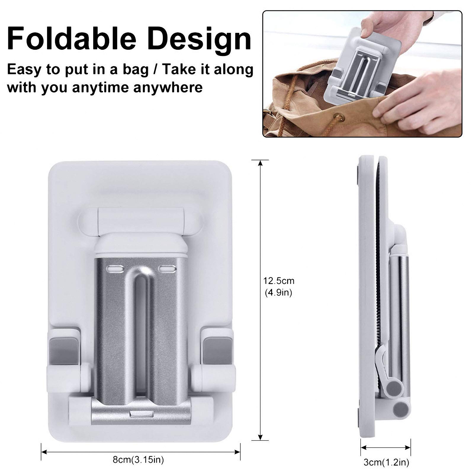 Adjustable Cell Phone Stand with Dual Tube Foldable Design - Portable Tablet Holder for Desk, Anti-Slip Phone Stand Compatible with iPad, iPhone & Smartphones (White) - Perfect for Office, Home & Travel Use