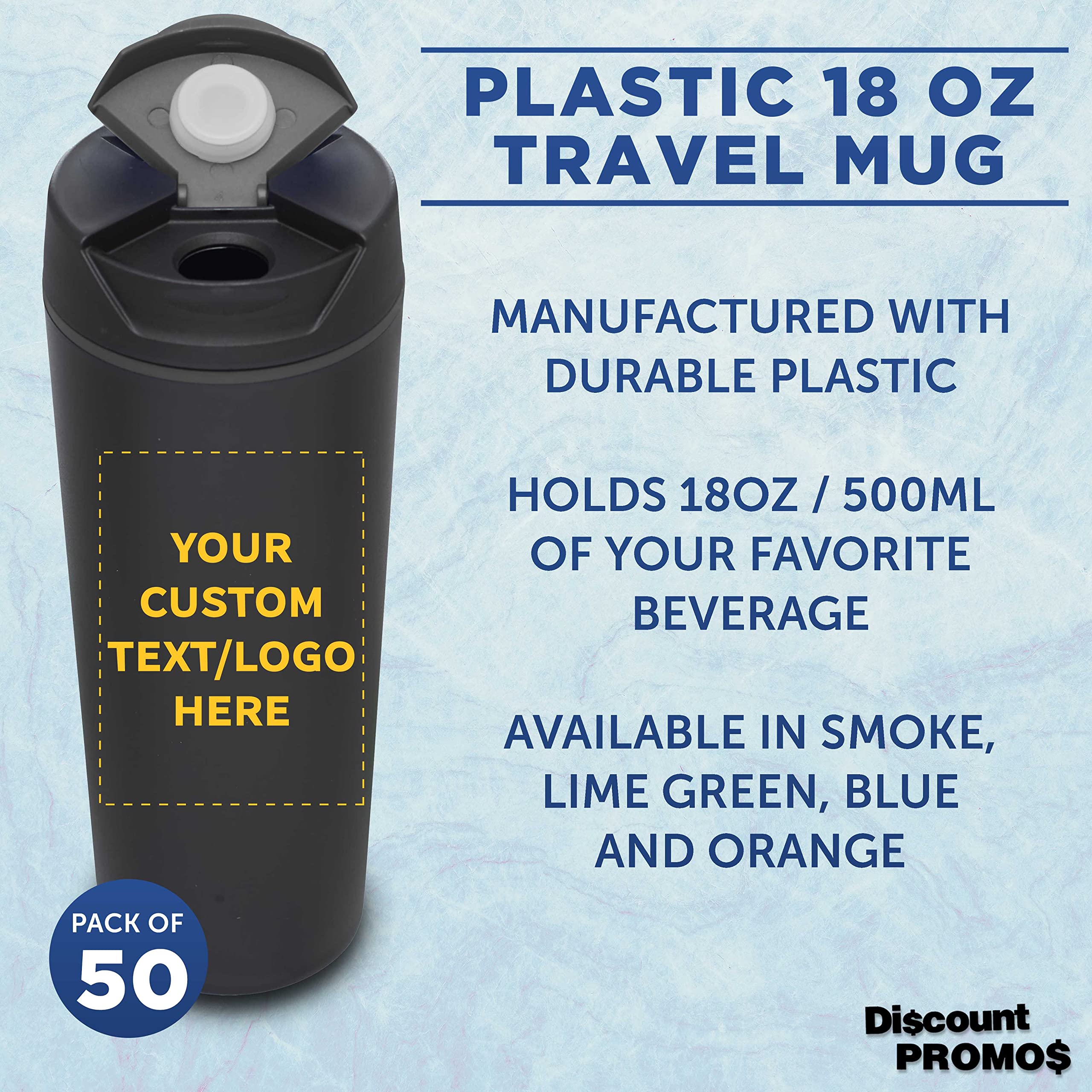 Custom Double Wall Insulated Plastic Travel Mugs 18 oz (50-Pack Bulk) - Personalized Reusable Coffee Cups for Hot & Cold Beverages - Black Smoke - Ideal for Offices, Cafes, Events & Corporate Gifts