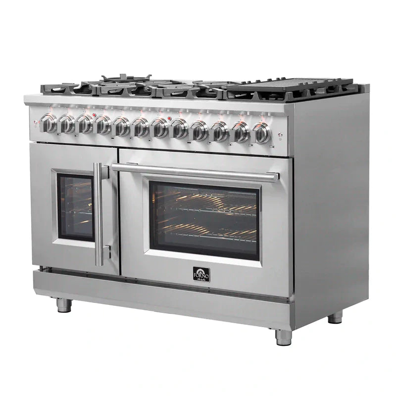 FORNO Massimo 48 Inch Freestanding Dual Fuel Range with French Doors - Stainless Steel FFSGS6325 | Professional Gas & Electric Oven for Home Chefs | Perfect for Baking, Roasting & Entertaining