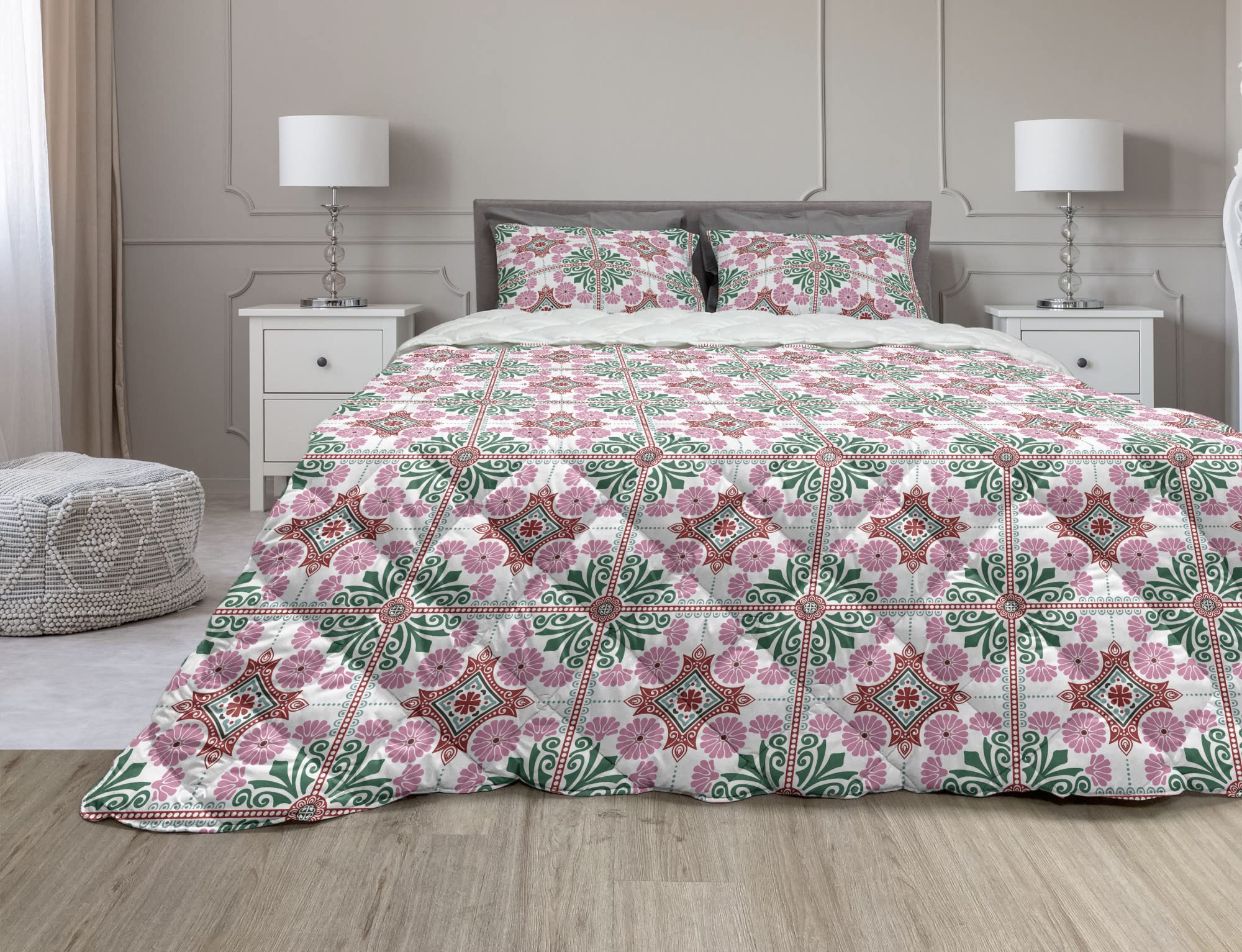 Ambesonne Floral Comforter Set - 3 Piece Eastern European Inspired Duvet Cover with Microfiber Filling, Full Size in Jade Green & Pale Fuchsia - Perfect for Bohemian Bedroom Decor & Guest Room Styling