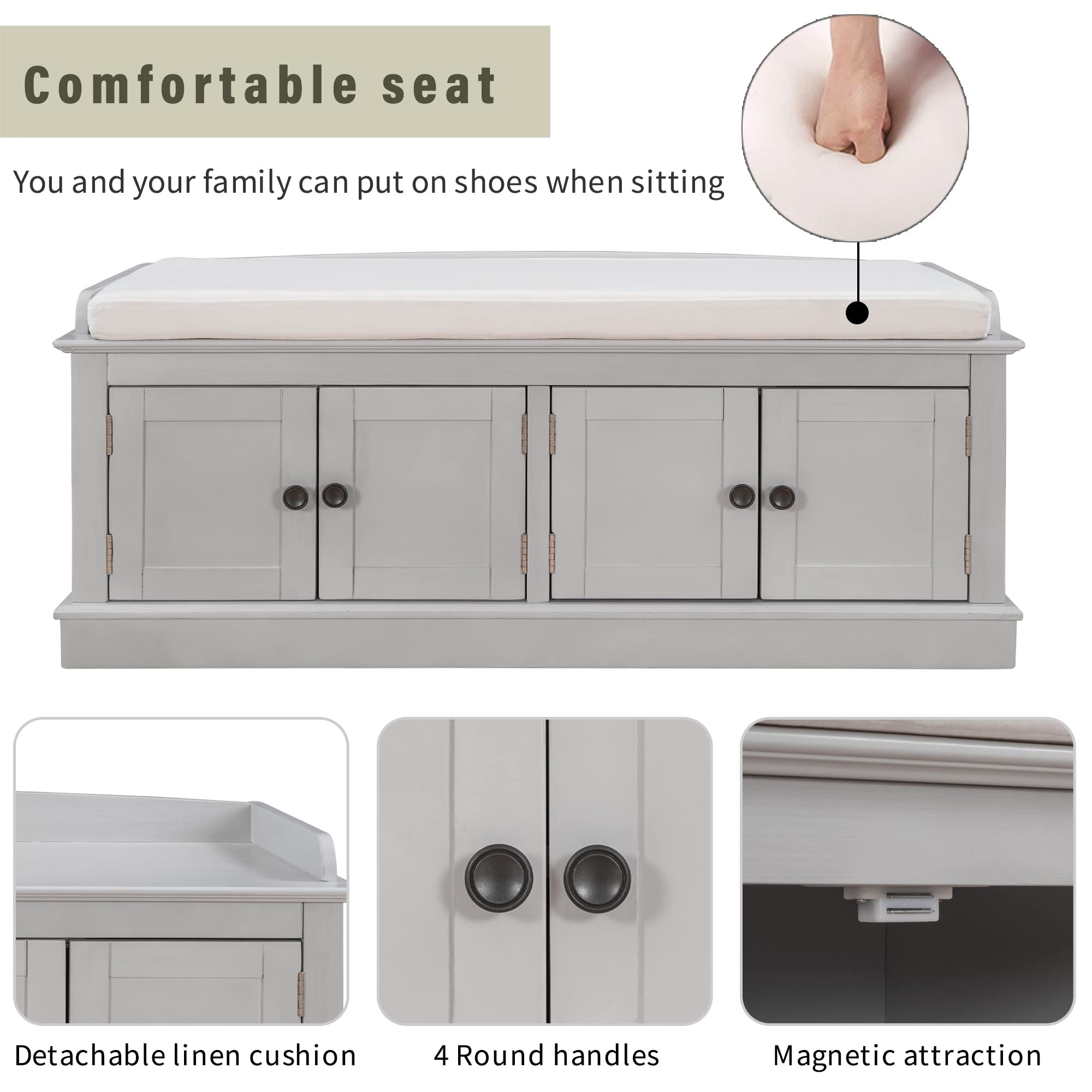 Multi-Functional Storage Bench with 4 Doors & Adjustable Shelves - Shoe Organizer Bench with Removable Cushion for Entryway, Living Room, Hallway - Grey Wash Finish - Perfect for Small Space Organization & Shoe Storage Solutions
