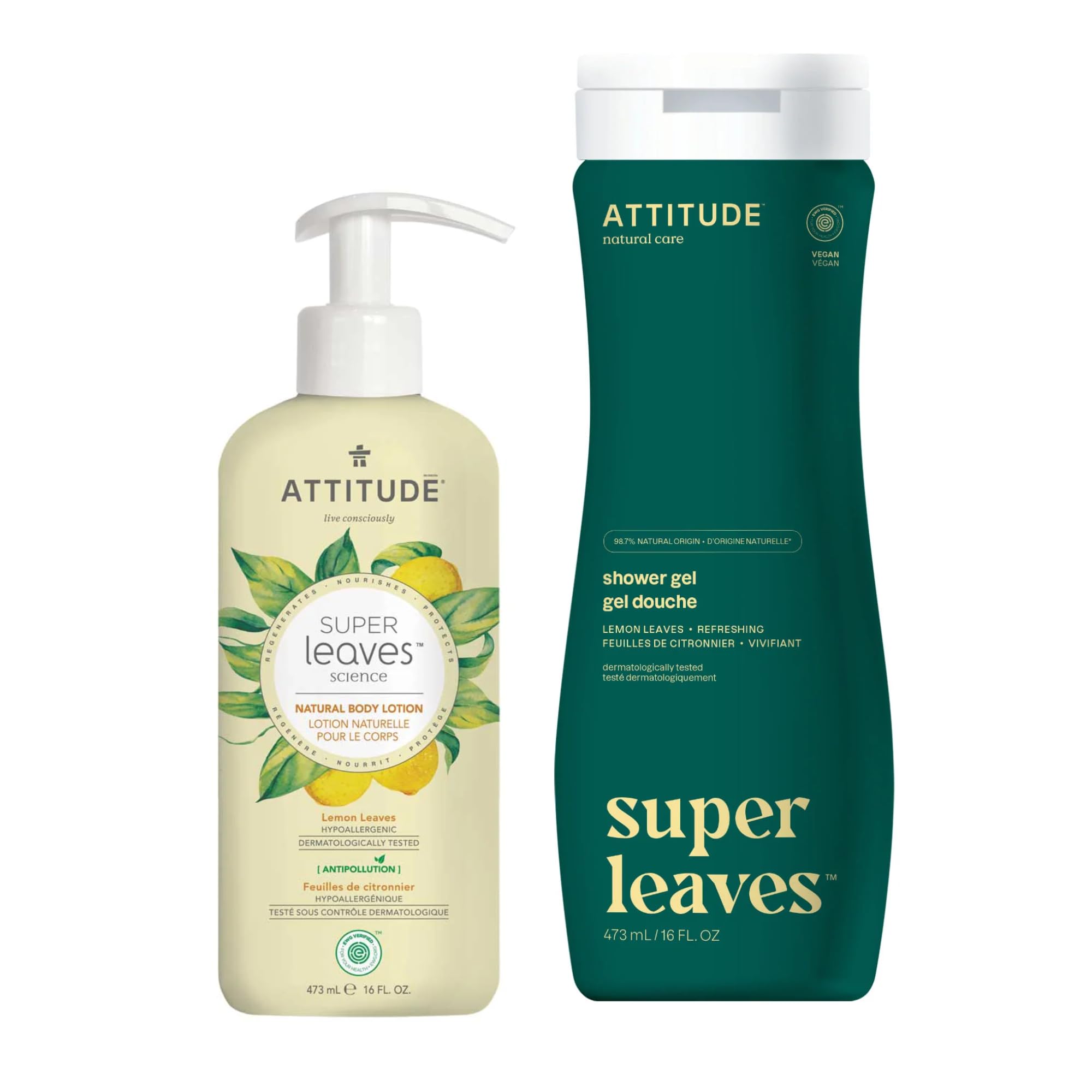 ATTITUDE EWG Verified Vegan Body Lotion & Body Wash Set - 16 Fl Oz | Dermatologist Tested, Plant & Mineral Based | Refreshing Lemon Leaves Scent | Perfect for Daily Skincare Routine & Eco-Friendly Bathroom Essentials