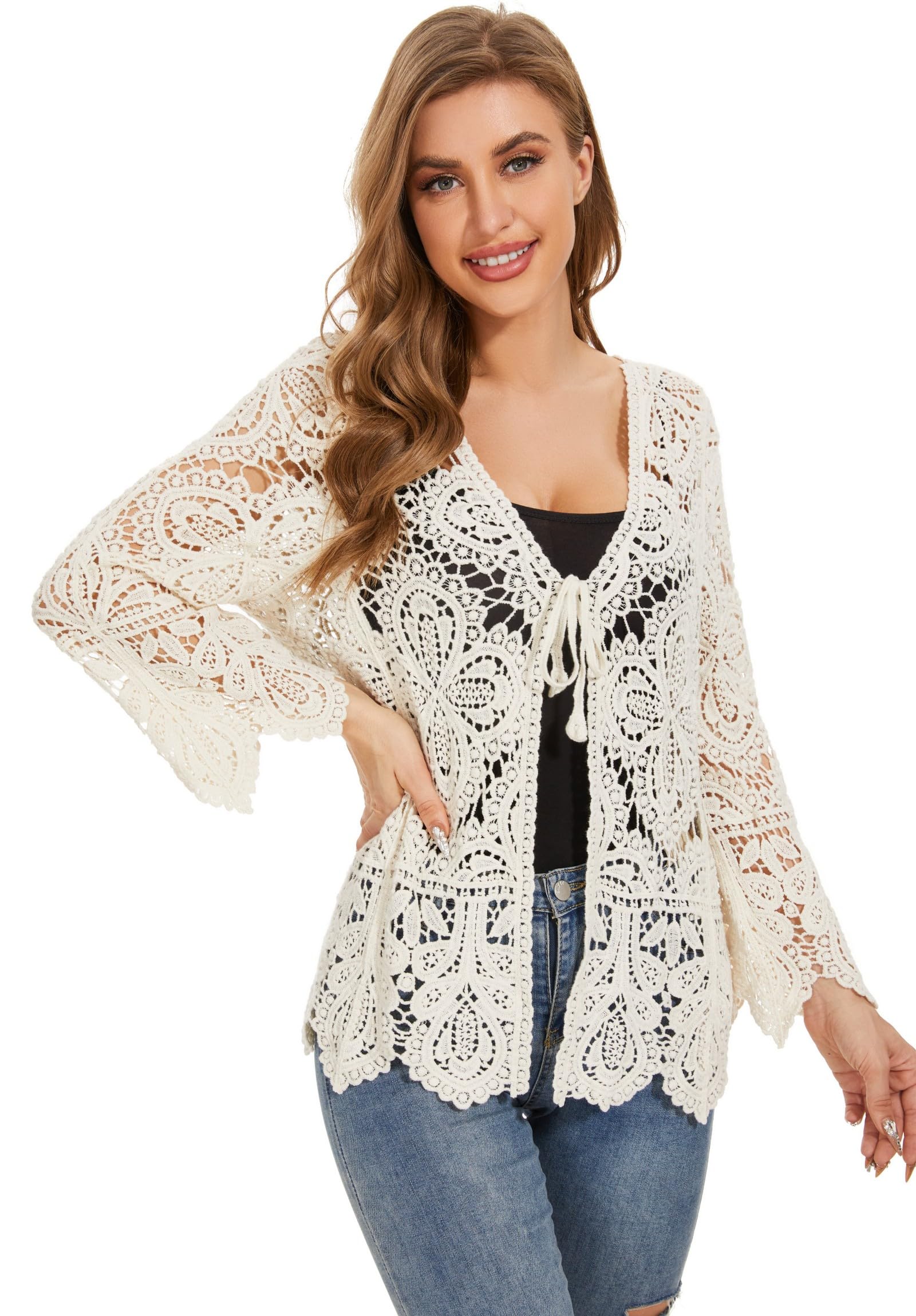 Women's Cotton Casual Floral Lace Crochet Long Sleeve Cardigan Boho Cover Up - Lightweight Summer Beachwear for Women, Perfect for Vacation, Date Night and Layering